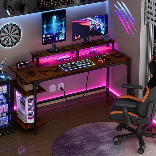 Miniatura 2 de Furologee Escritorio para computadora con estación de carga y luces LED, escritorio de juegos de oficina de 55 pulgadas con estantes ajustables y