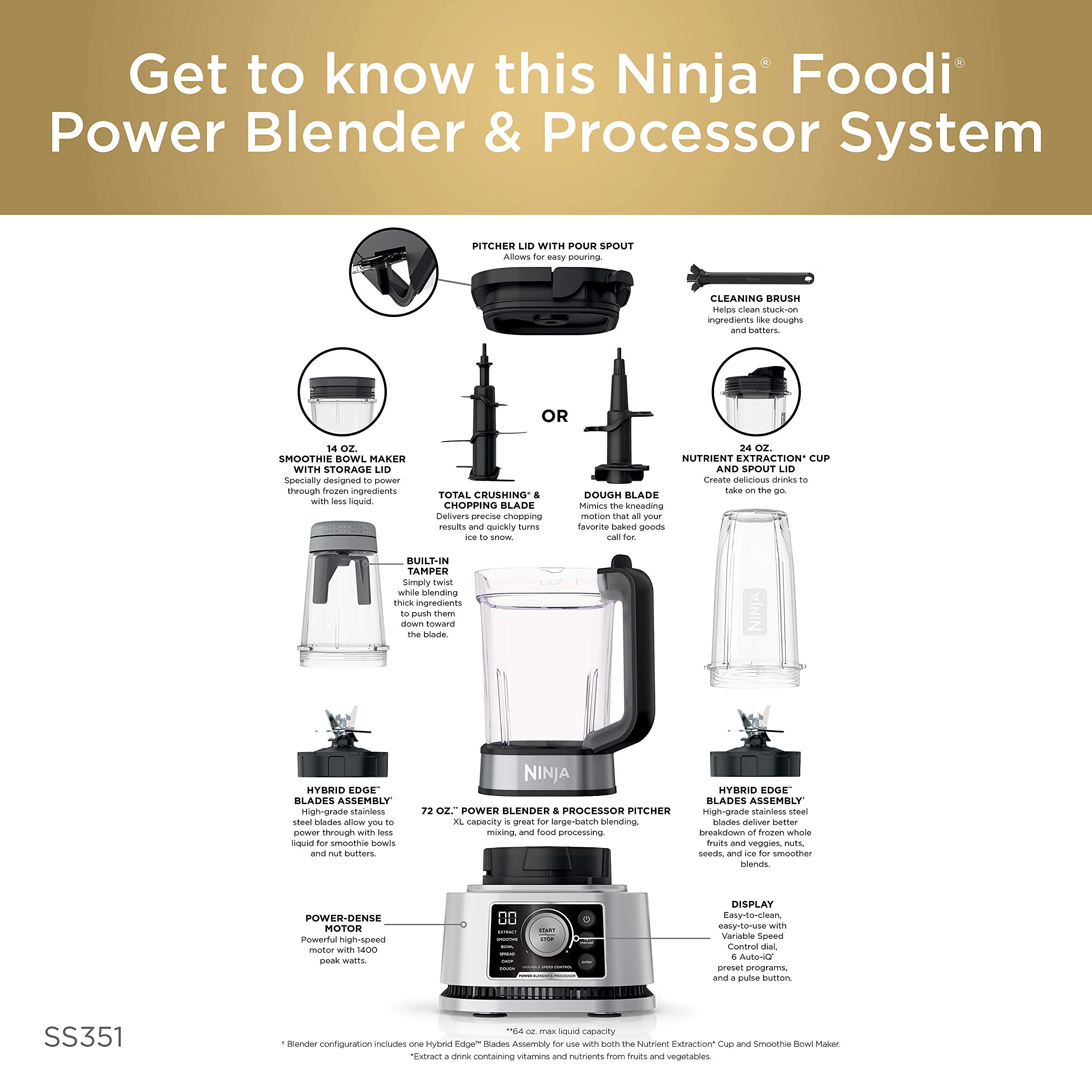 Ninja SS351 Foodi Power Pitcher System, Smoothie Bowl Maker, 4in1