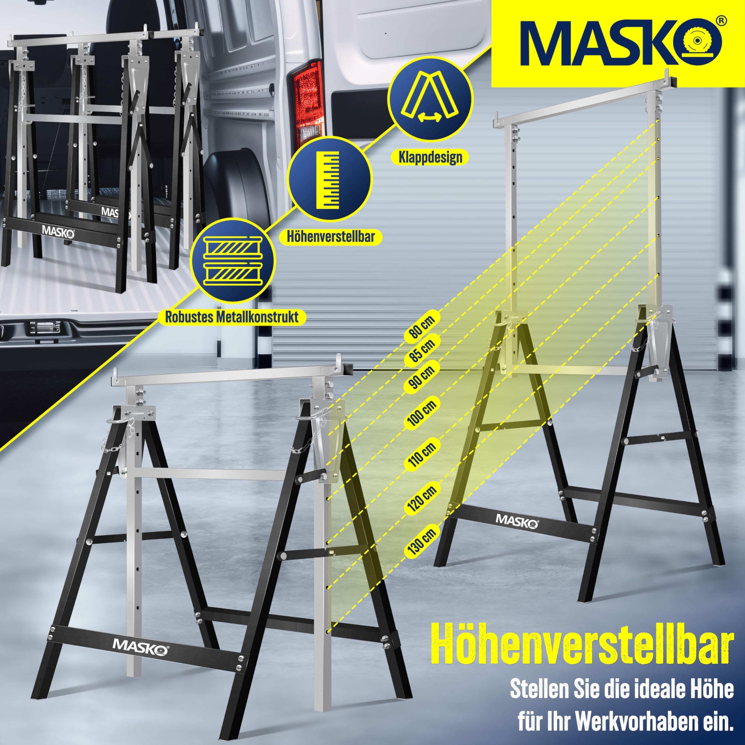 MASKO® Caballete de trabajo Telescópico, Capacidad de Carga máx. 200 kg, Caballete de Andamio, Regulable en Altura - Altura de trabajo 800-1300 mm, incl. Guantes, Juego de 4 - Plata/Negro
