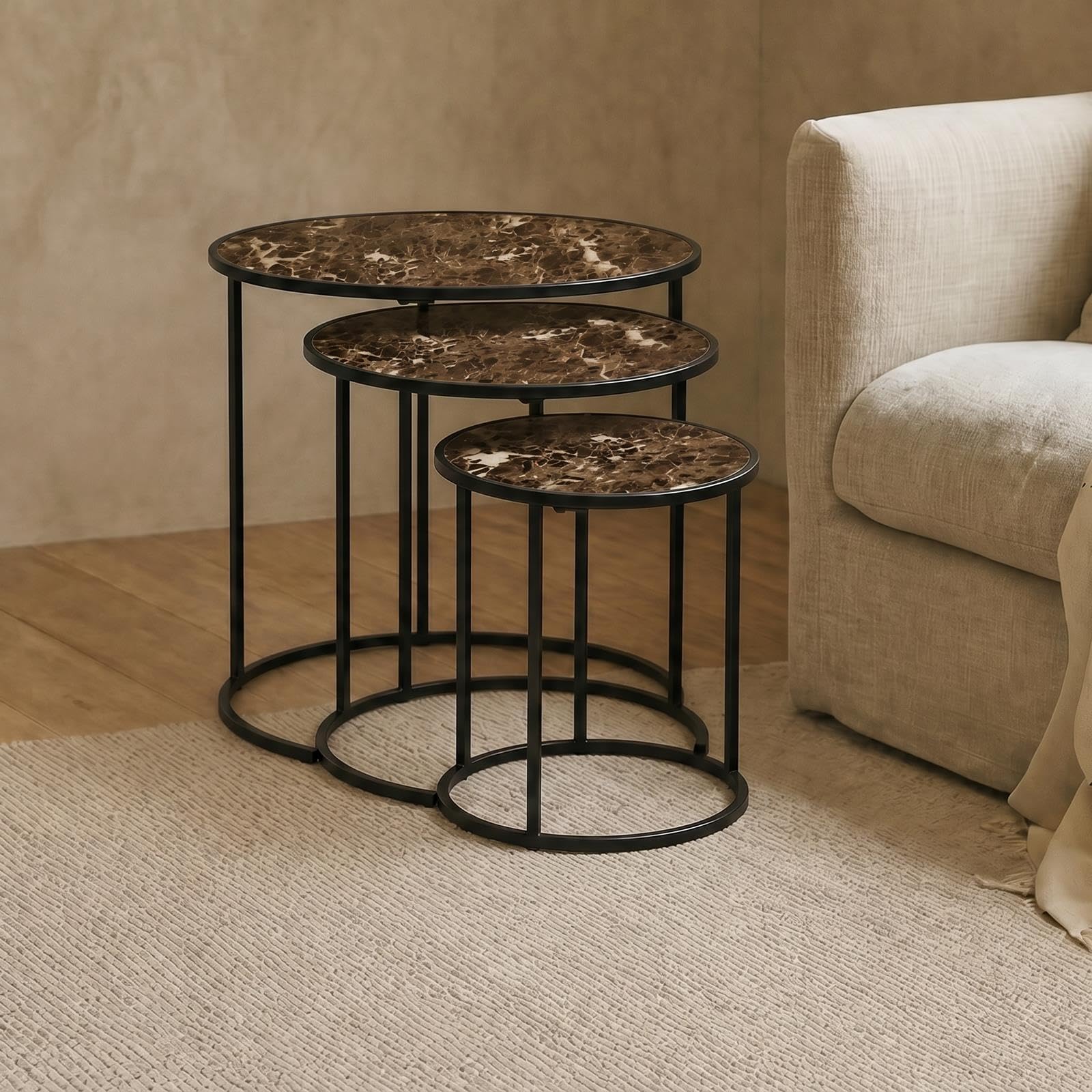 OHS Nest of Tables Set of 3 Stacking Round Side Table, Chocolate Marble