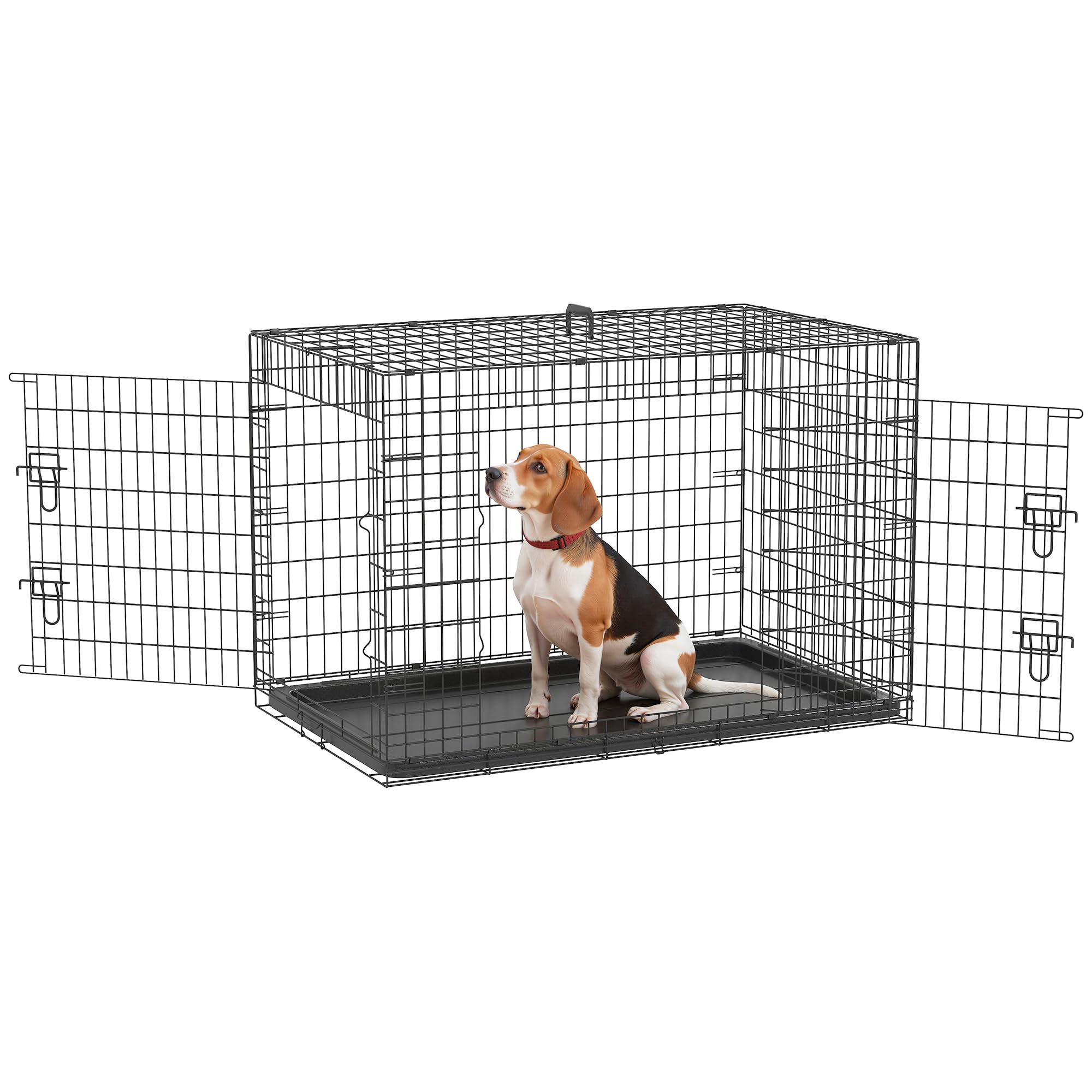 PawHut Folding Dog Crate Carrier with 2 Doors, Removable Tray and Carrying Handle, 92 x 57 x 62.5 cm, Black