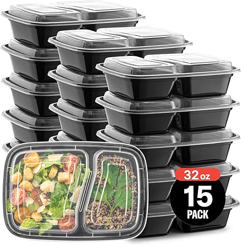 Paquete de 15 recipientes de plástico para preparación de comidas con tapas - 2 compartimentos - Cajas de almuerzo rectangulares reutilizables