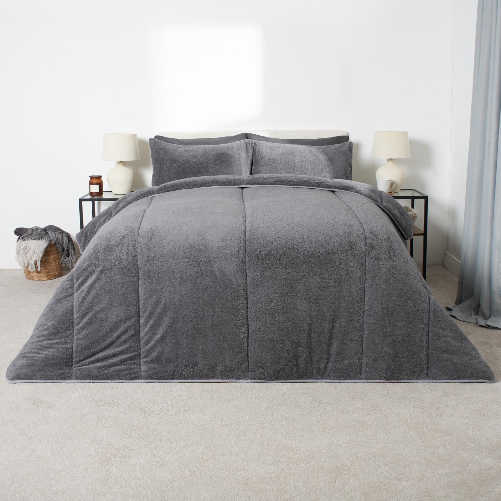 Ohs Men's Charcoal Grey 10.5 Tog Coverless Duvet Single Teddy Fleece Grey Bedding Set, Summer/Winter Duvet Quilt Covers Bedding Single Coverless Duvets With Pillowcase,