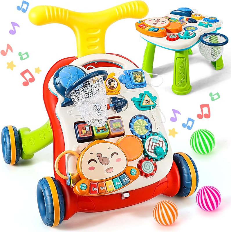 TOY Life 3-in-1 Baby Push Walker & Activity Center, 12+ Months, Red | detachable music panel, adjustable handle and wheel speed, weighted water base