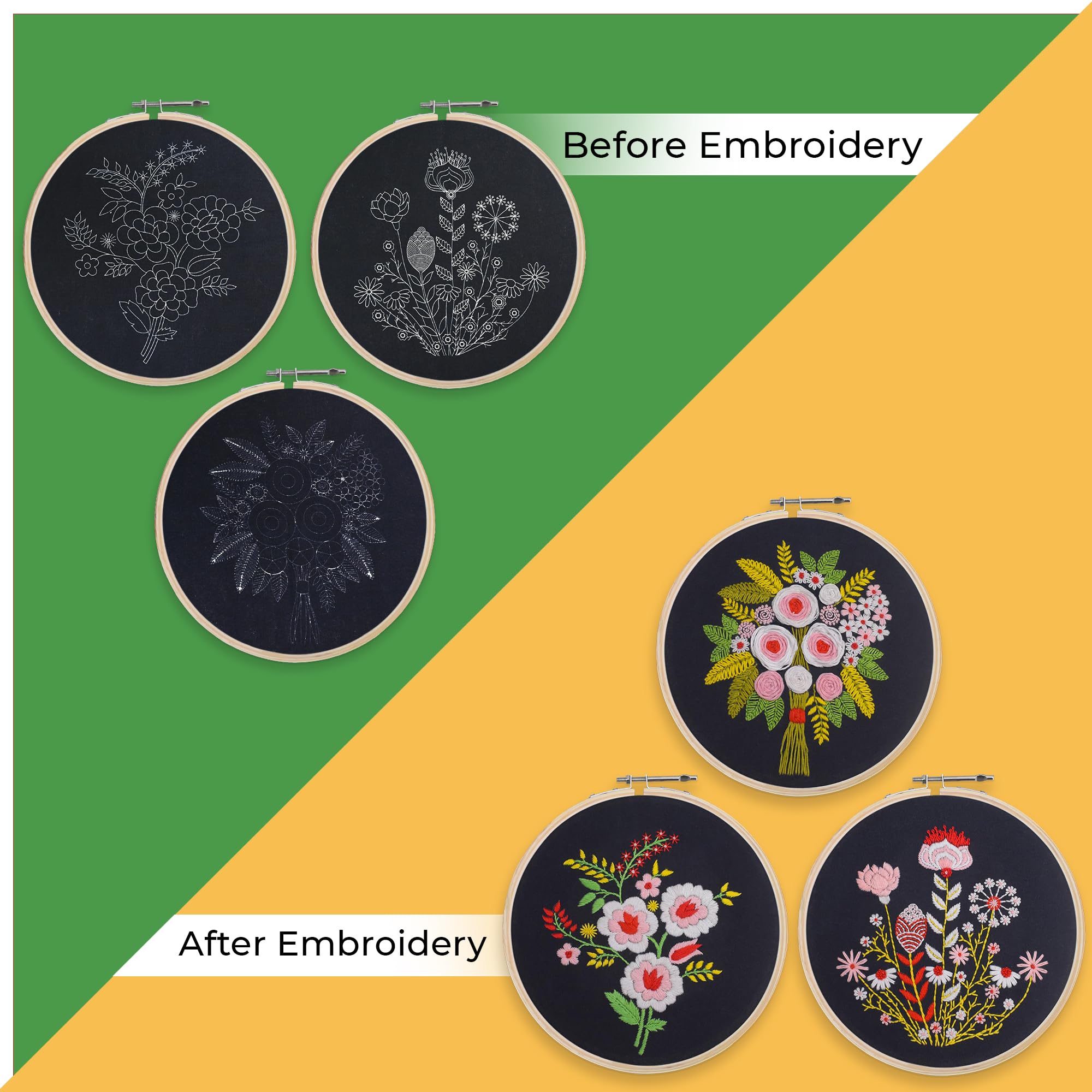 EmbroideryMaterial Combo of 3 DIY Floral Embroidery Kits for Beginners | Hand Embroidery Kit with Printed Fabric, Hoop, Needles, Threads & Instruction Sheet | Craft Kit for Adults & Kids (Black Fabric) 2