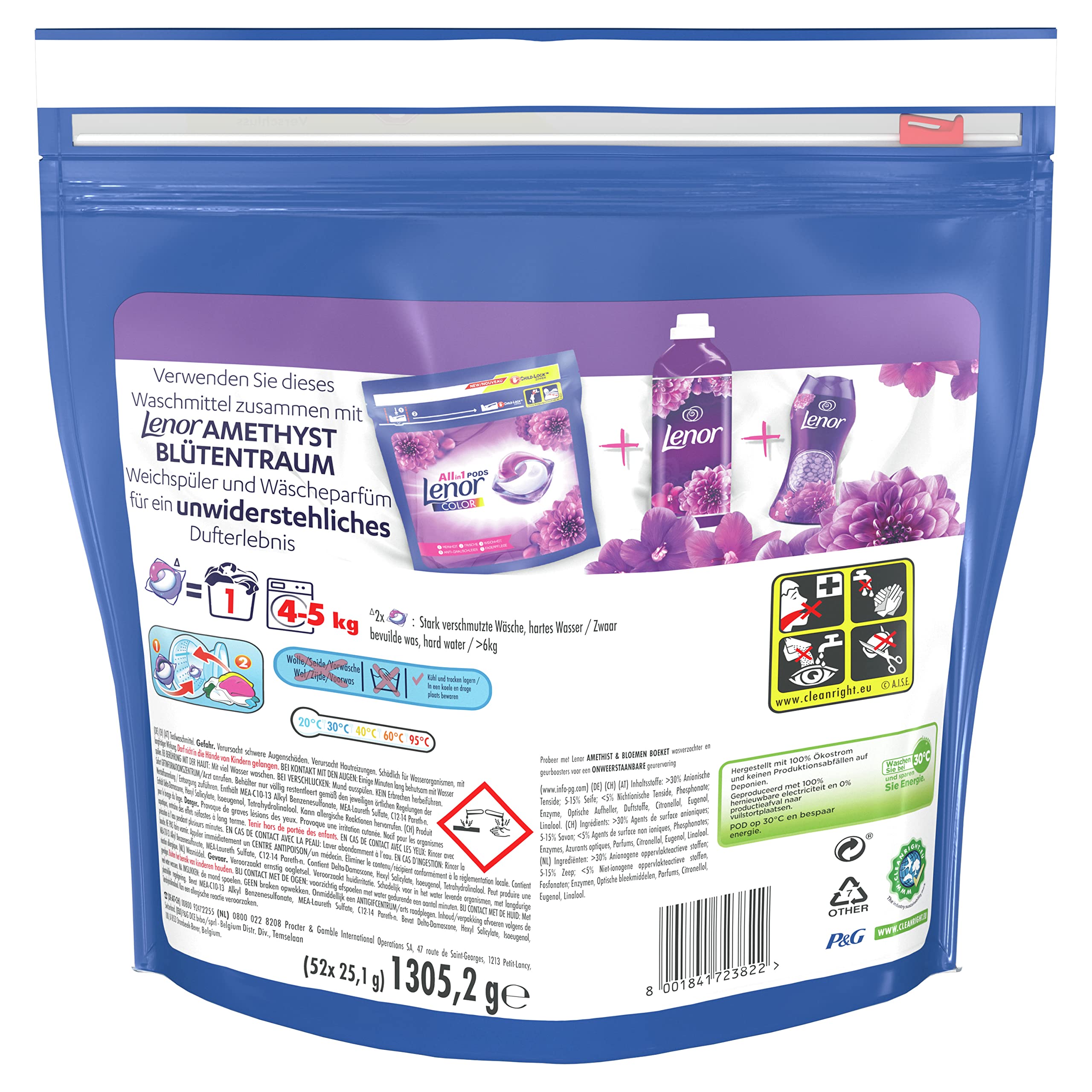 Lenor Waschmittel Pods All-in-1, Color Waschmittel, Farbschutz, Amethyst Blütentraum, 104 Waschladungen