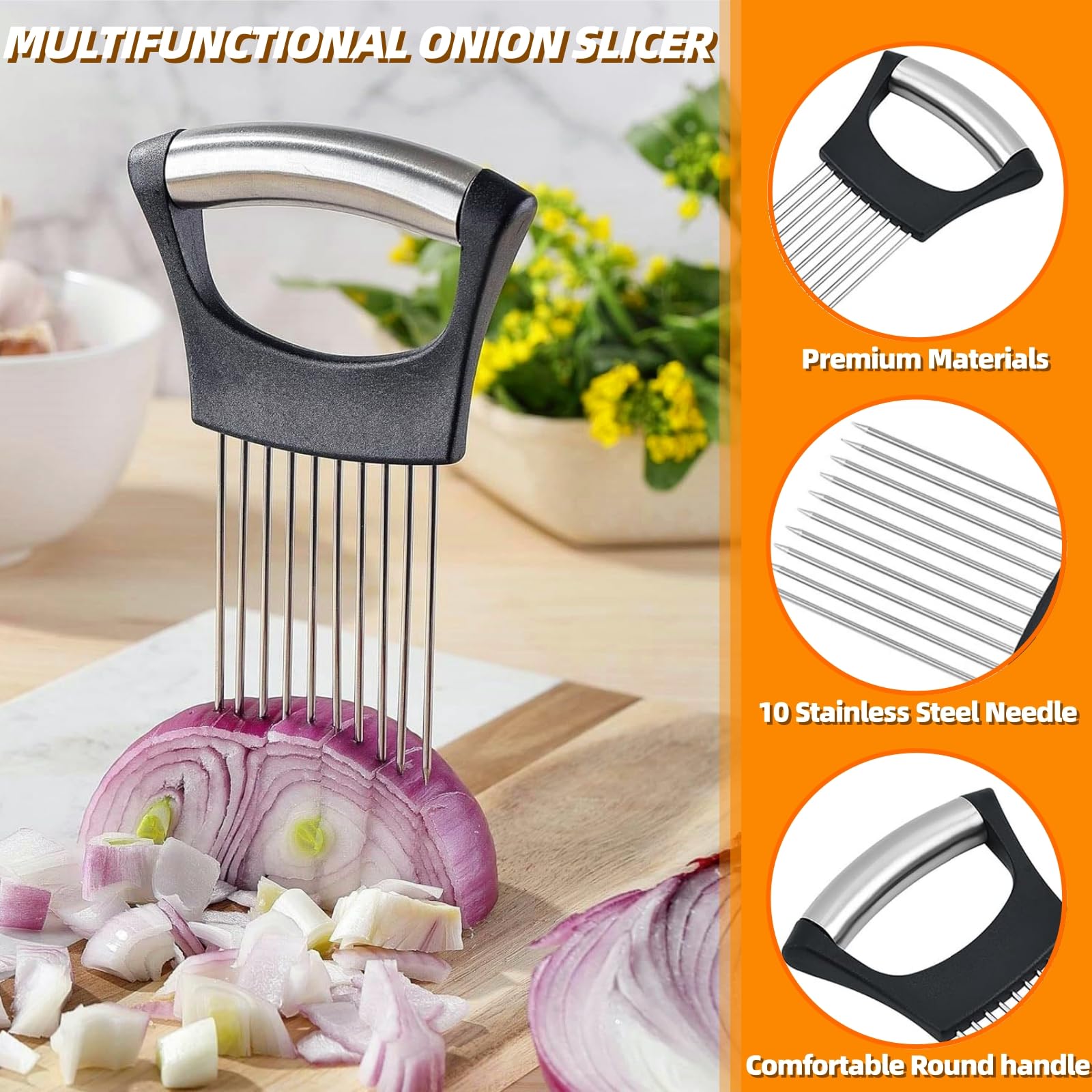 Supporto Per Affettare Cipolle Con Forchetta Integrata - Utensile In Acciaio Inox 10 Punte - Affettatrice Per Verdure E Frutta