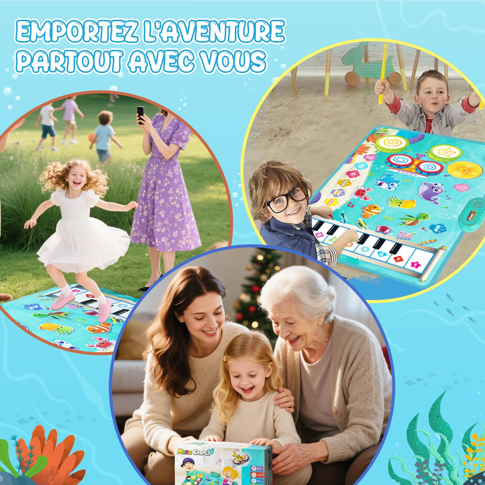Jouet Bebe 1 an, Tapis Musical Bébé avec 6 Animaux Marins - Piano et Tambour 2 en 1, Jouet Éducatif pour Enfants de 1 à 3 Ans, Cadeau Parfait pour Noël et Anniversaire
