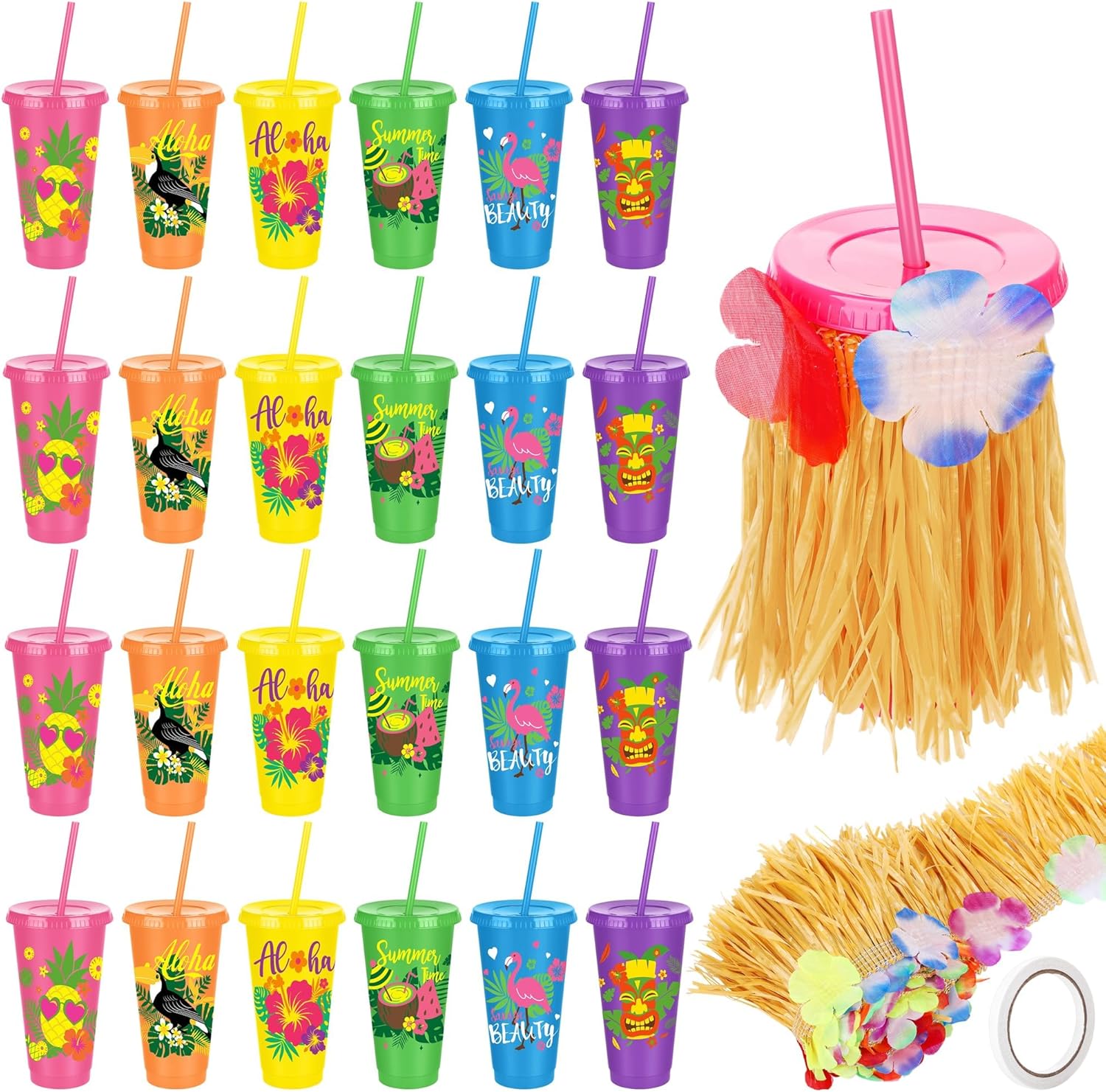 Kochorie 24 Pieces Hawaiian Plastic Cups with Lids and Straws 24 oz Reusable Party Cups with Hawaiian Luau Drink Grass Skirt for Tropical Summer Drinking Party Favors