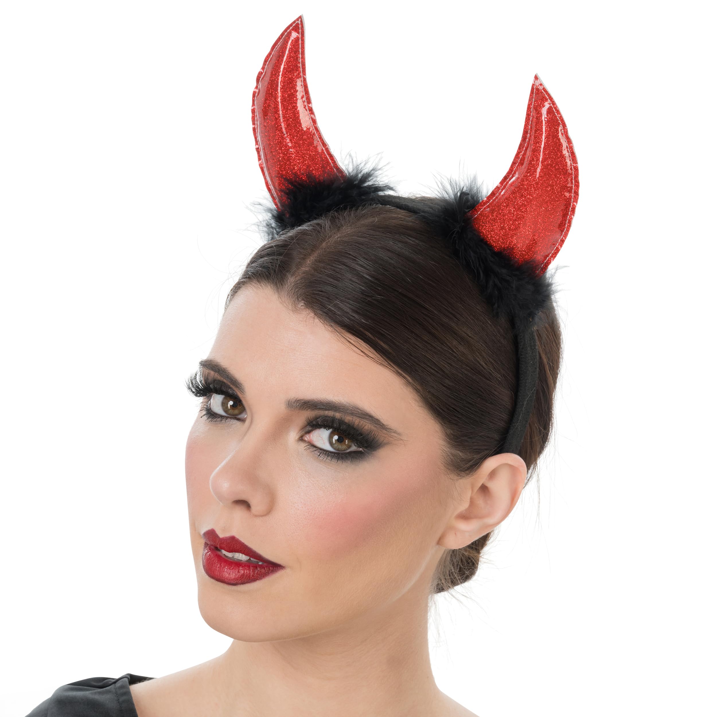 Chaks - Headband Devil Horns, Red Glittery with Fleece, Demon Costume Accessories for Halloween Carnival and Party