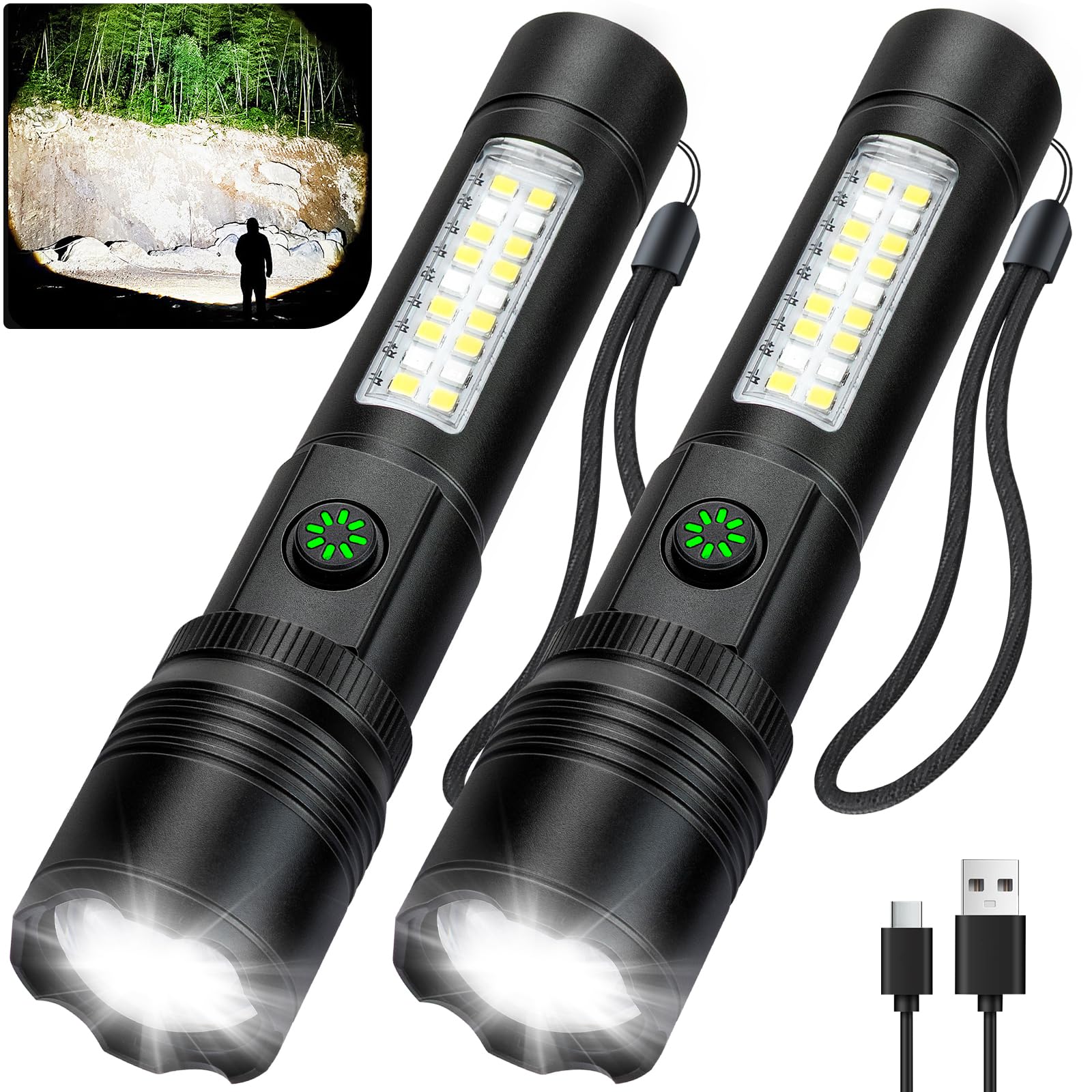 Flashlight Rechargeable Flashlights High Lumens, 99,000 LM Bright LED Flashlight Powered Flash Light, USB Rechargeable Flashlights & Waterproof Handheld Flash lights for Home Camping Hiking(2 Pack)