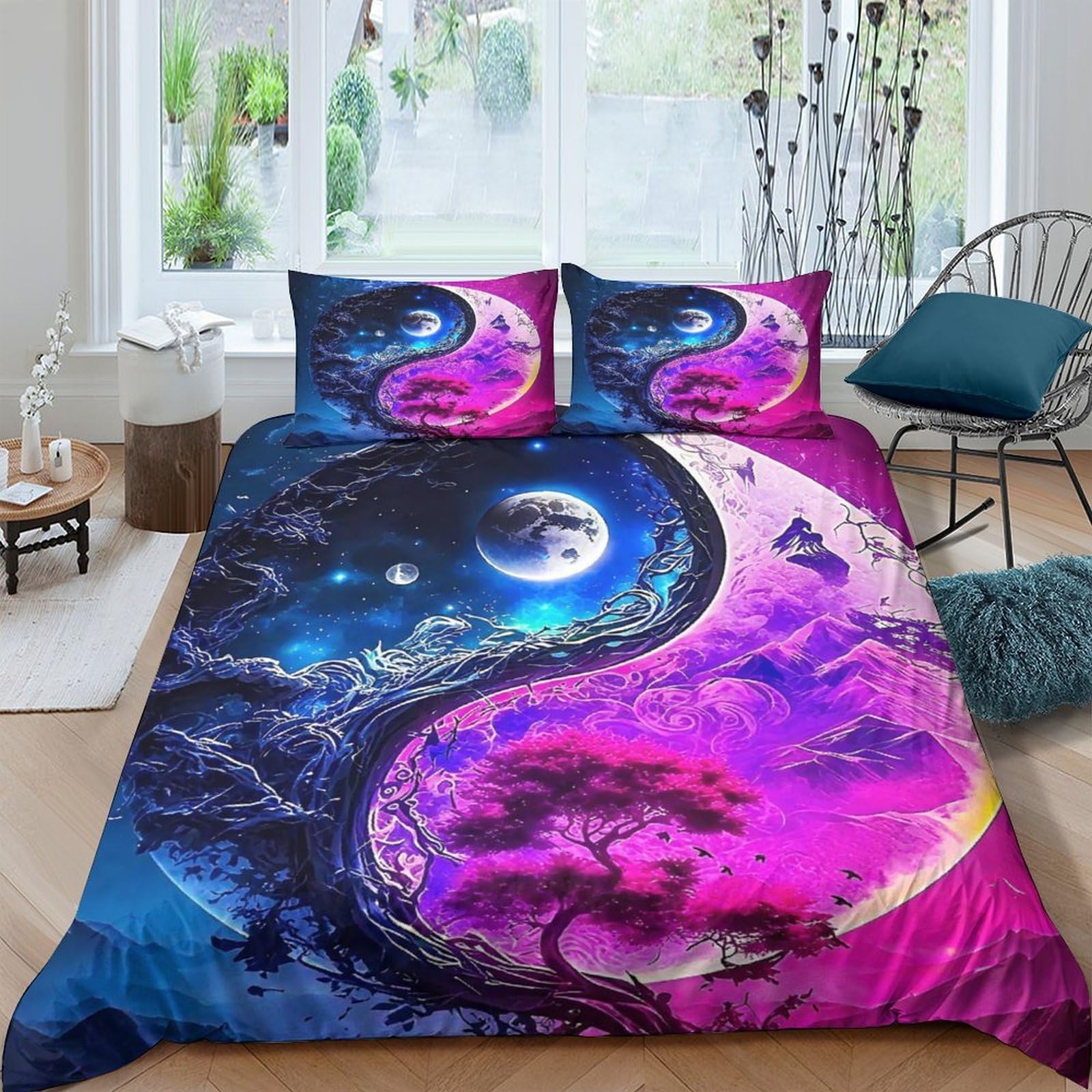 Housse de couette Yin et Yang 220x240cm avec 2 taies d'oreiller en microfibre pour lit King