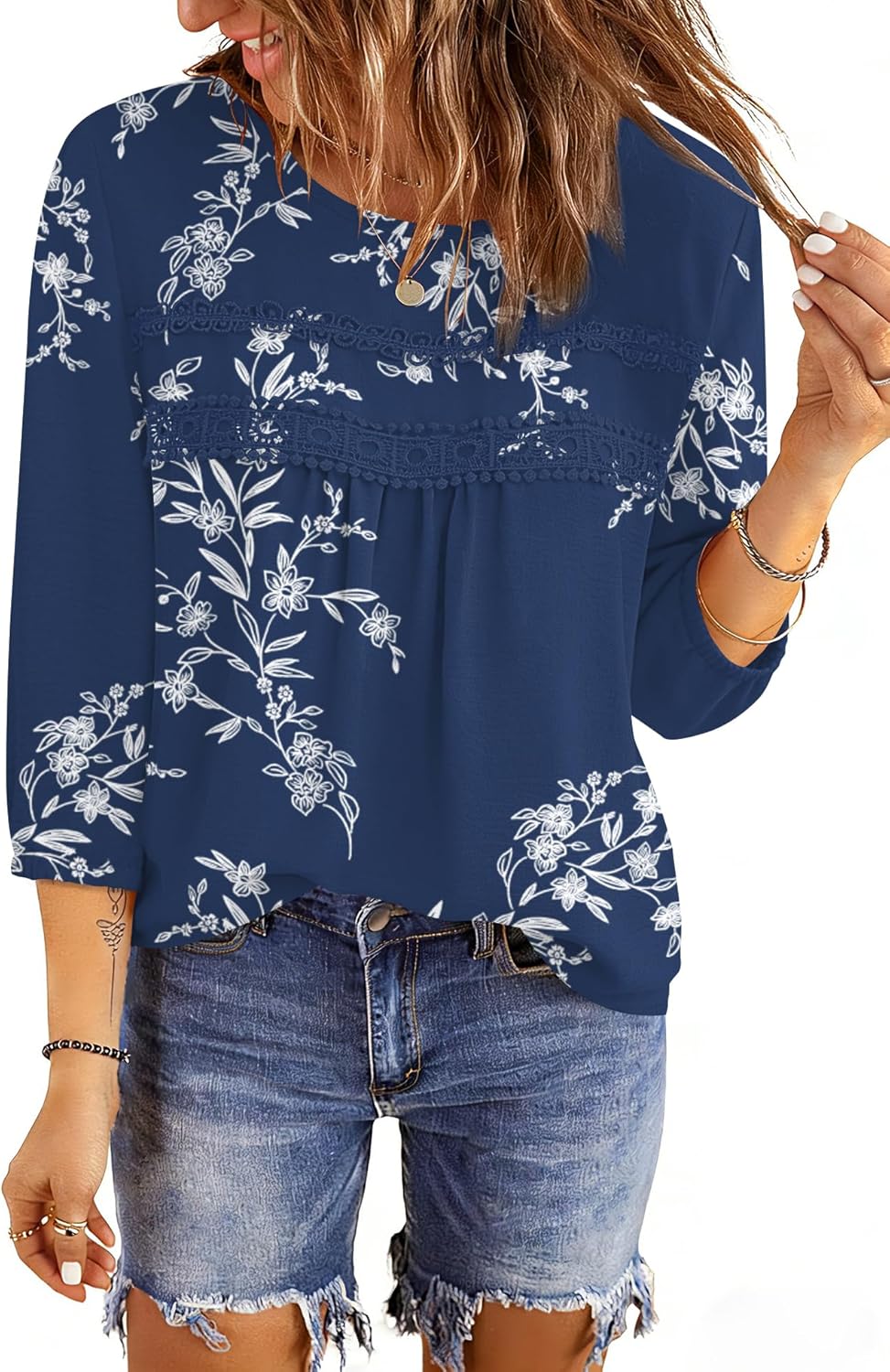 Ivicoer 3/4 Length Sleeve Womens Tops Crewneck Dressy Casual Chiffon Blouses Flowy Lace Boho Clothing Trendy 2026 - Image 4
