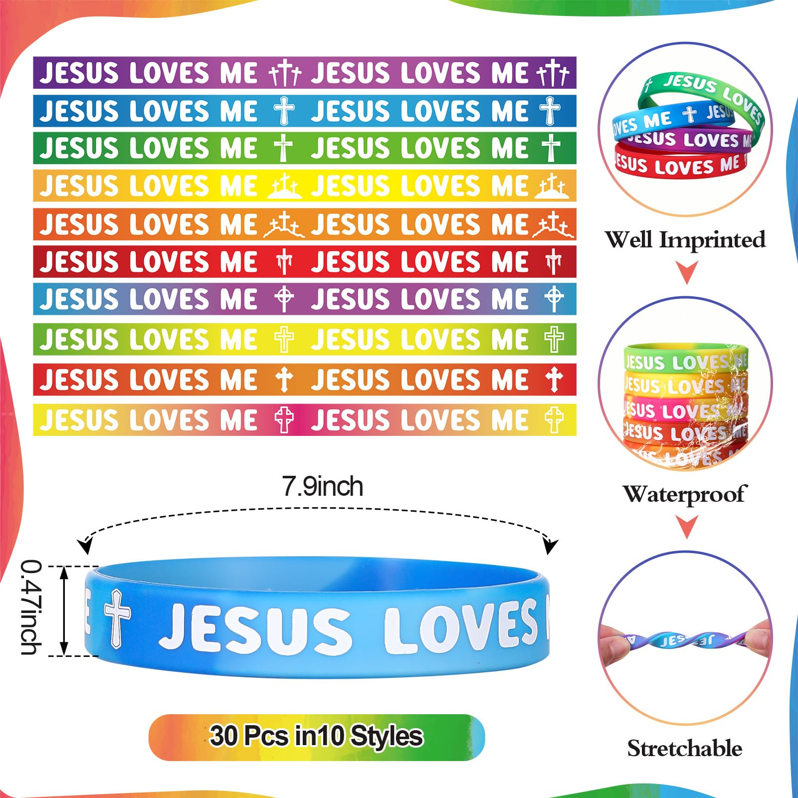 PullCrease 30 Pcs Jesus Loves Me Wristbands Bulk 10 Styles Rainbow Religious Silicone Bracelets Christian Cross Silicone Wristbands Gift for Bible School Church Group