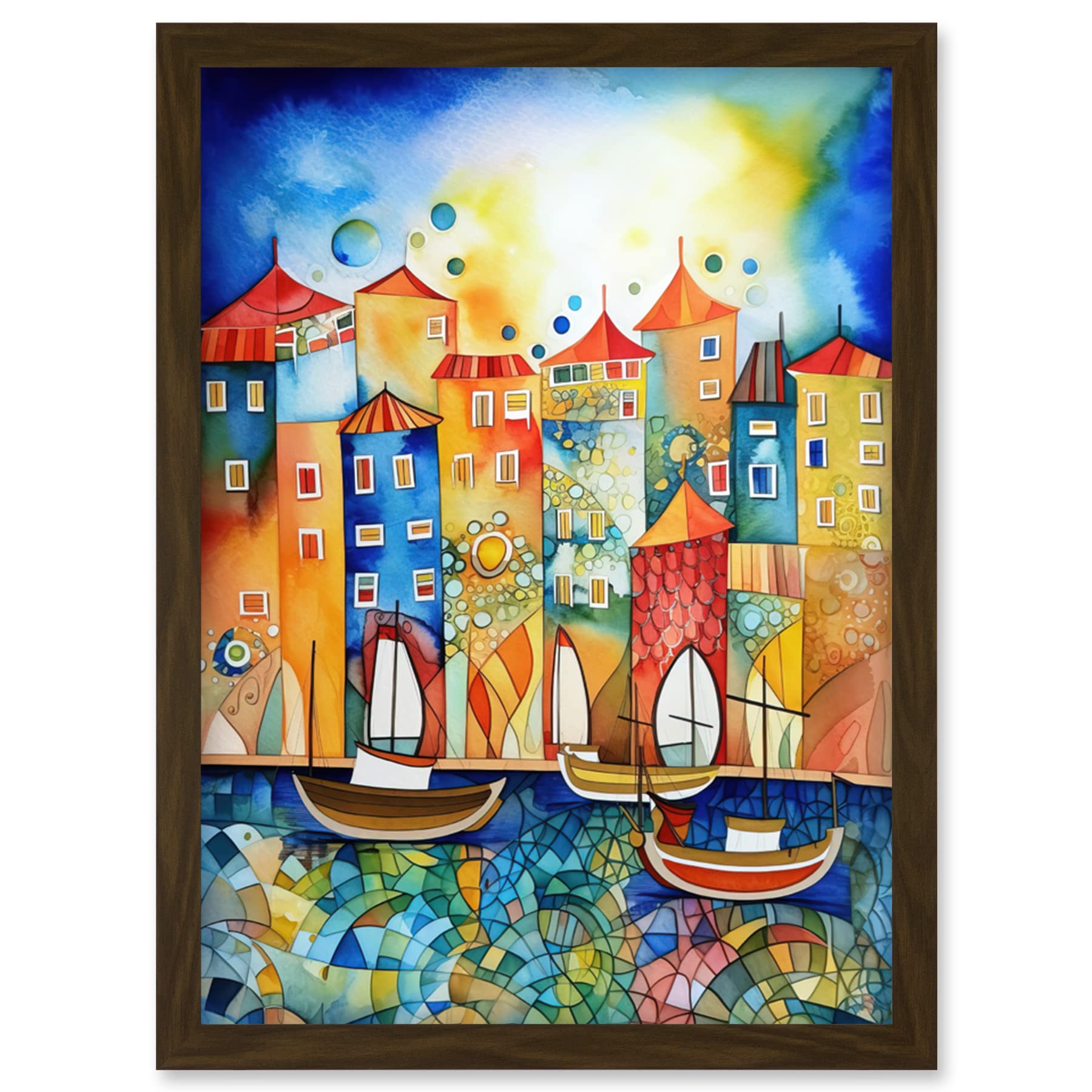 Artery8 Abstract Sailing Seafront Folk Art Artwork Framed Wall Art Print A4
