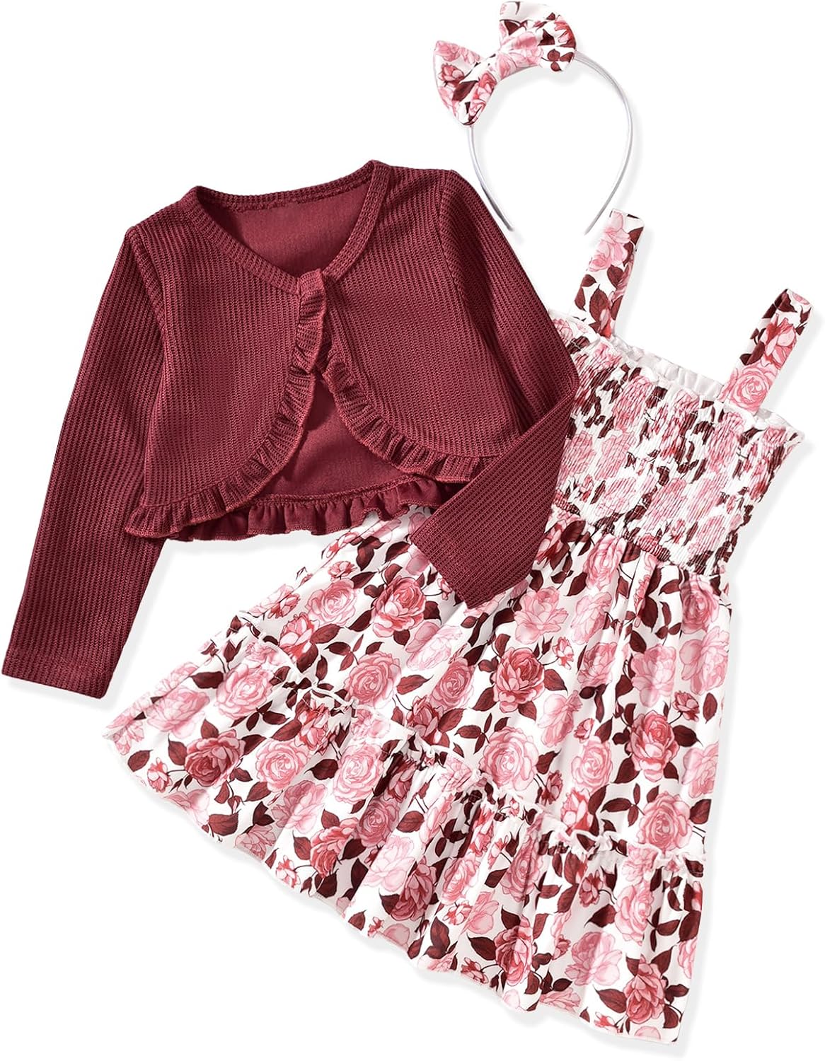 Toddler Girl Strap Smocked Tired Dress and Long Sleeve Ruffle Cardigan 2 Piece Outfits