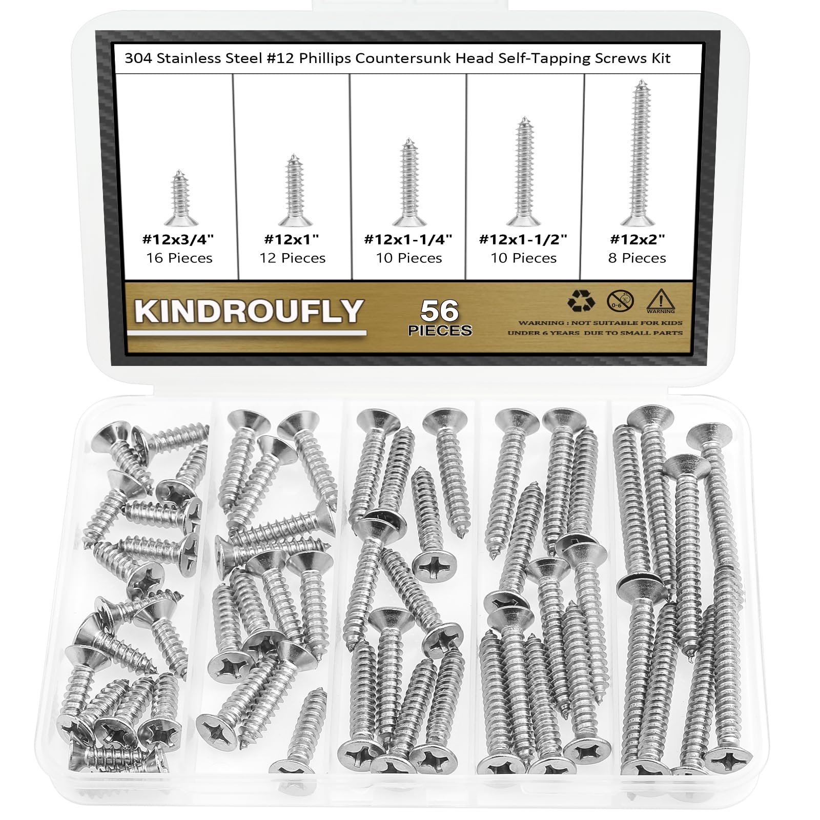 Kindroufly 56 Pieces #12 x 3/4" 1" 1-1/4" 1-1/2" 2" Phillips Countersunk Head Self-Tapping Screws, Wood Screws Assortment Kit, 304 Stainless Steel