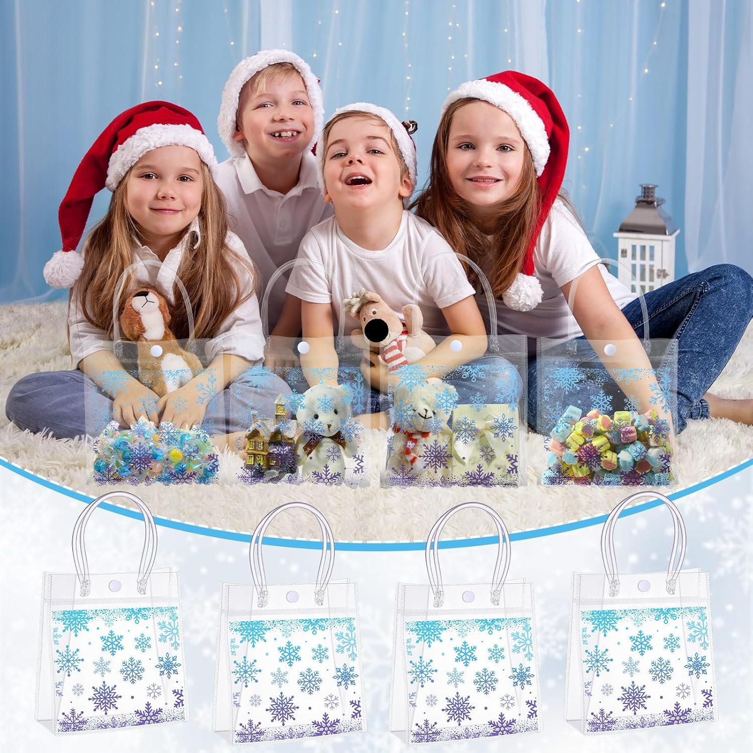 Sweetude 20 Pcs Snowflake Clear Gift Bags PVC Christmas Winter Party Favors Bags Plastic Candy Goodie Treat Tote with Handles Blue and Purple Party Favors for Princess Birthday Baby Shower - Image 5