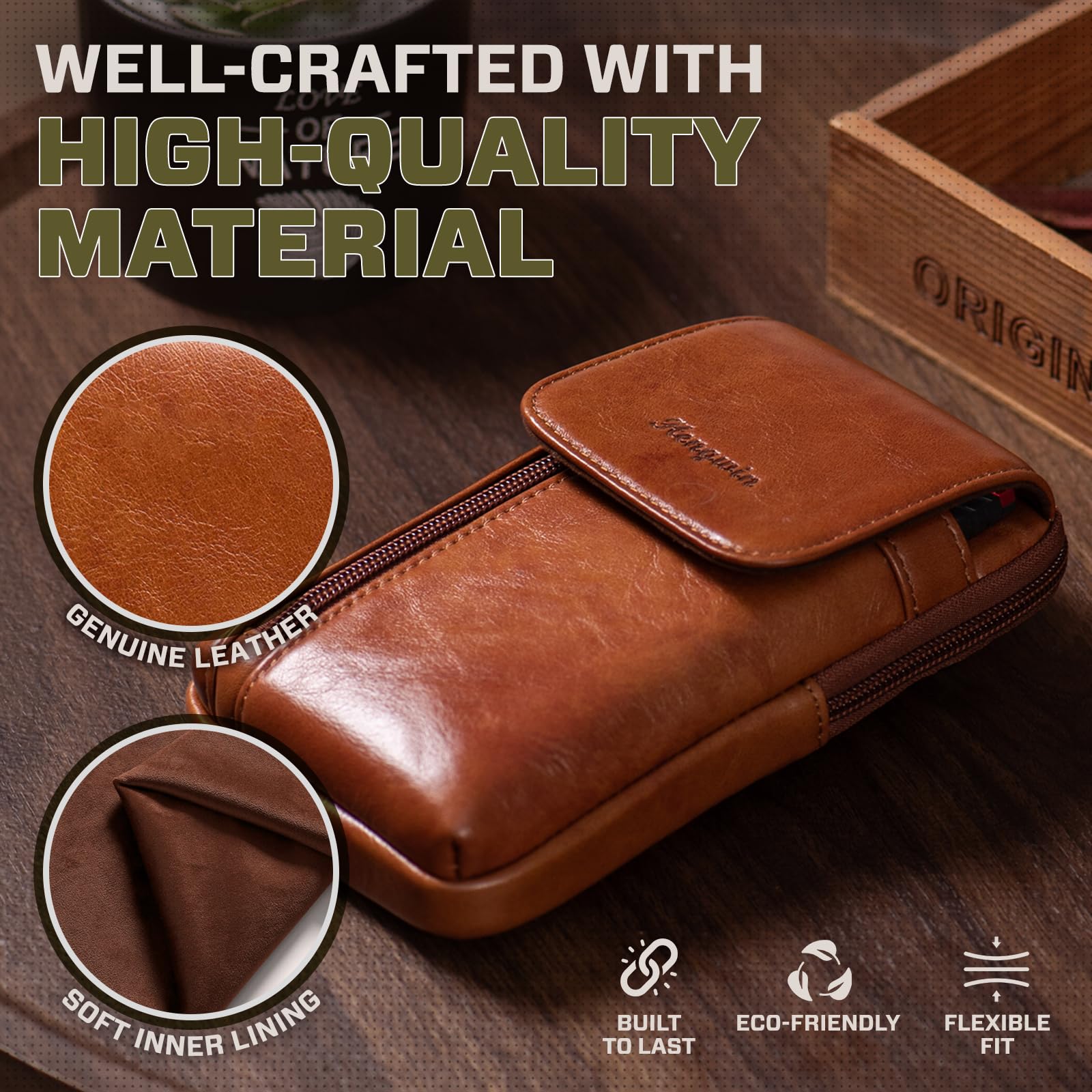 Cuero Genuino Bolsa para móvil, Bolsa de Cinturón, Funda Movil Cinturon para Hombre, Fundón de Teléfono, Bolso Cintura con Presilla