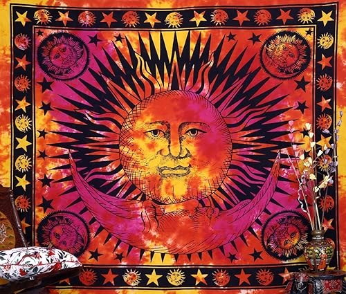 Popular Handicrafts Tapiz psicodélico con diseño de sol indio hippie hippie para colgar en la pared teñido anudado hippie bohemio bohemio