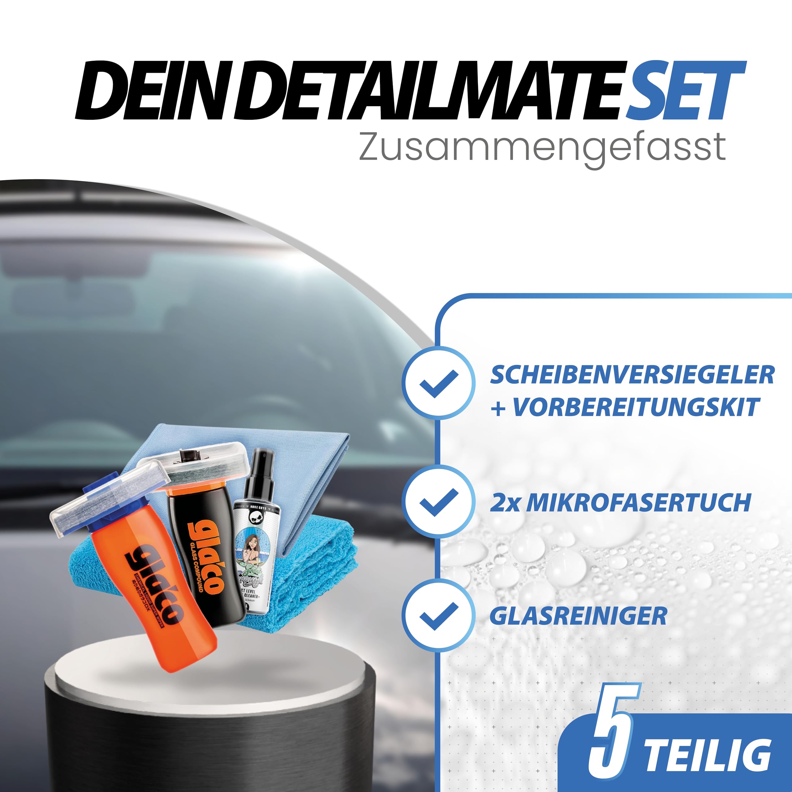 5-teil. Glasversiegelung Bundle - Soft99 Glaco DX 110 ml Versiegelung + Soft99 Glaco Glass Compound Roll On 100ml - Politur für Glas + Glasreiniger 100ml, Poliertuch, Glas Mikrofasertuch