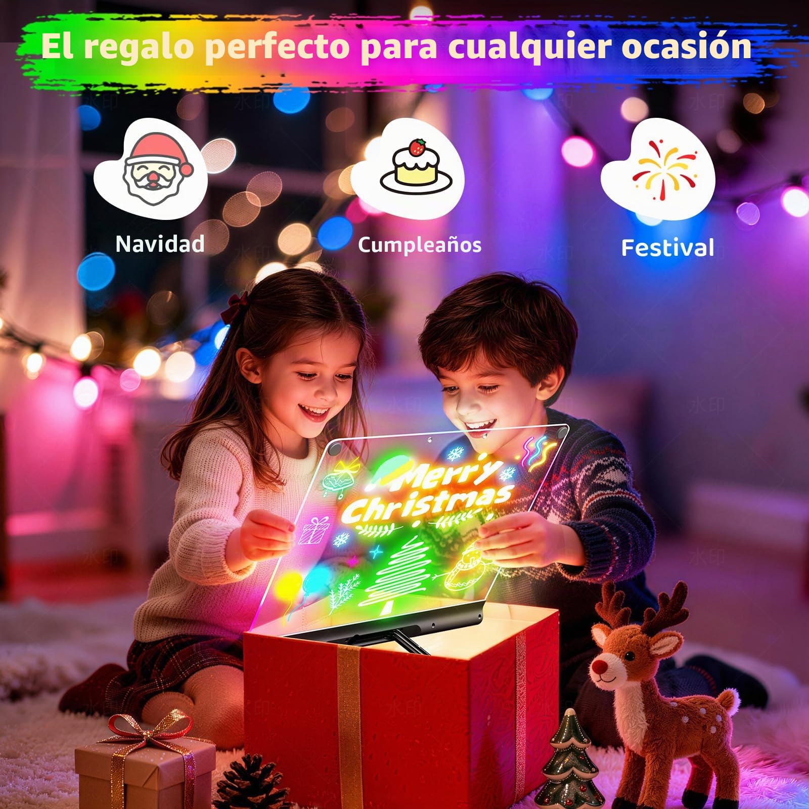 Cuadro luminoso LED recargable 41 cm, 9 modos luminosos con temporizador y soporte, pizarra acrílica neón borrable en seco, regalo Niño/Ado, 6 rotuladores y libro de modelos