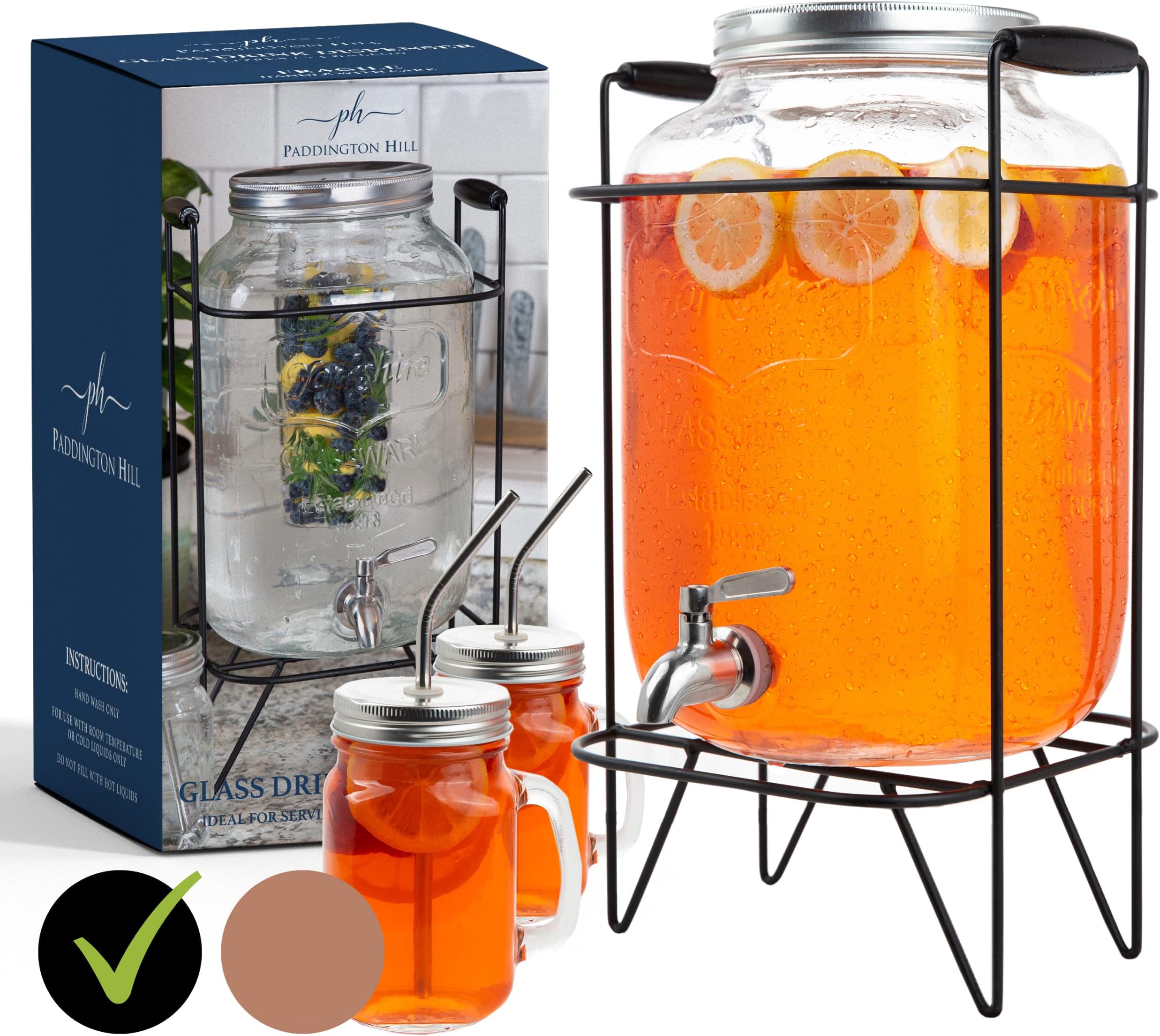 2 gallon glass drink dispenser with stand and 2 mason jars and stainless steel spigot and fruit infuser beverage dispenser drink dispenser for parties drink dispenser with spigot