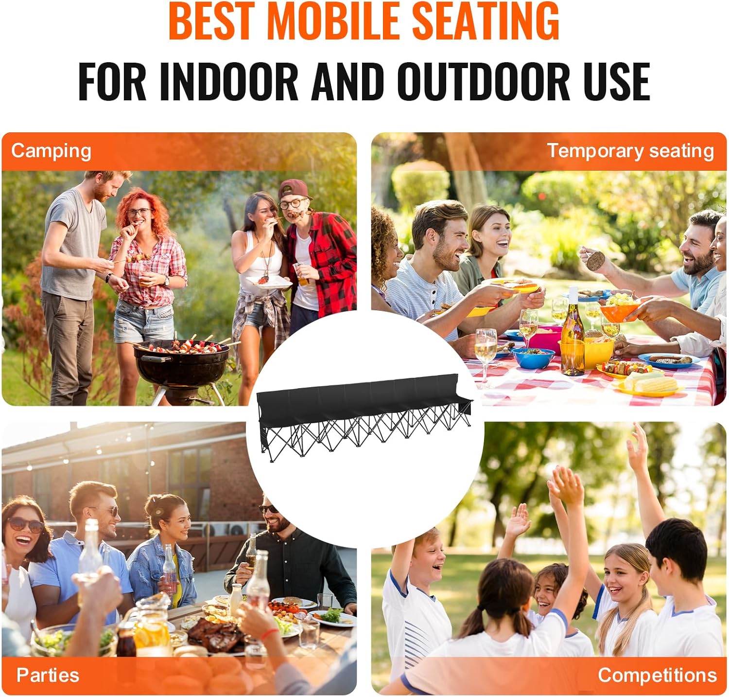 VEVOR Portable Folding Bench, 8 Seats Foldable Sideline Bench, Outdoor Camping Bench Chair with Carry Bag & Backrest, Team Sport Sideline Bench for Football Fishing, No Assembly Instant Seating, Black