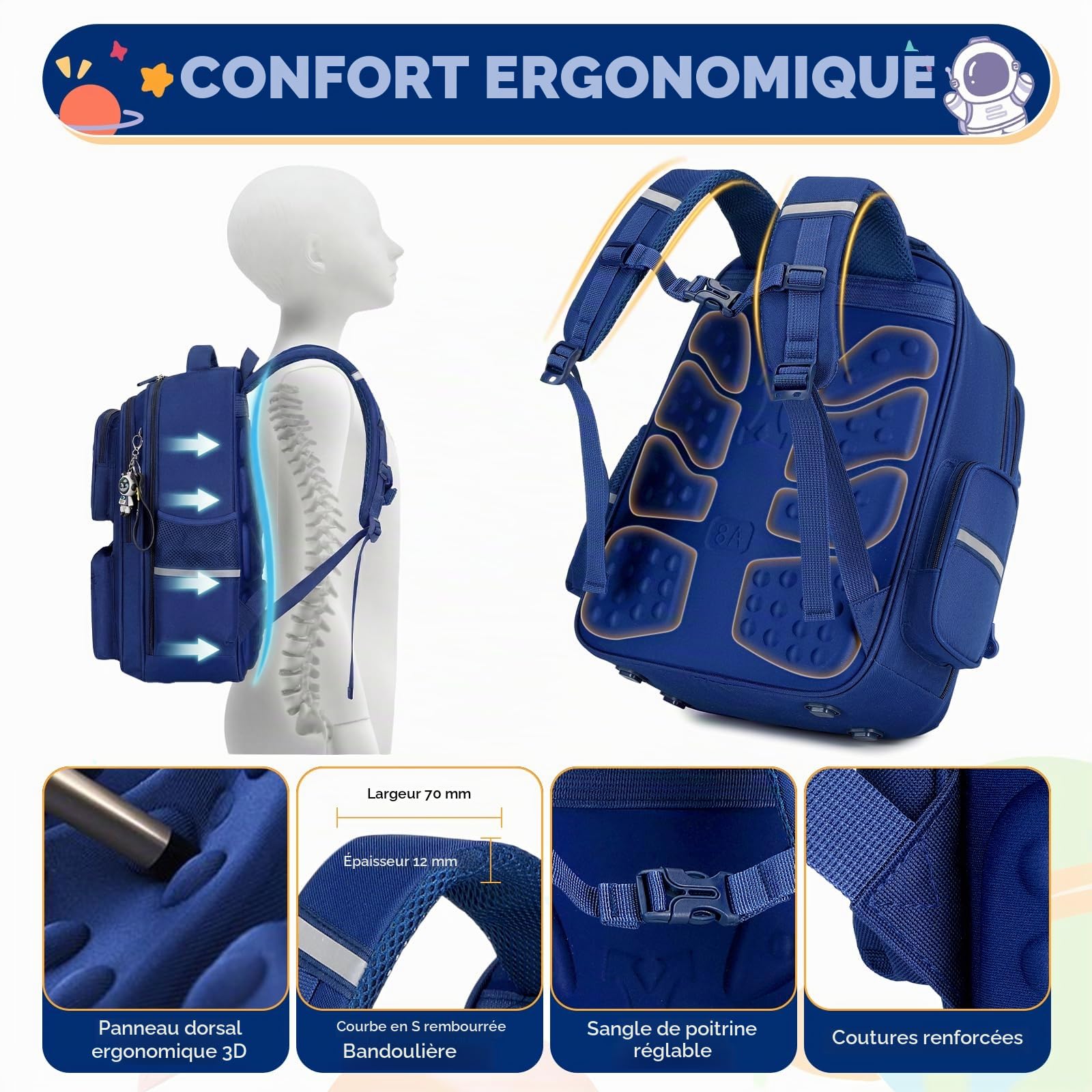 Amythe Cartable Garçon 8-12 Ans CE1 CE2 CM1 CM2 - Sac à Dos École Primaire avec Lunch Bag Trousse - Léger Imperméable avec Ruban réfléchissant – Idéal Rentrée Scolaire - Bleu