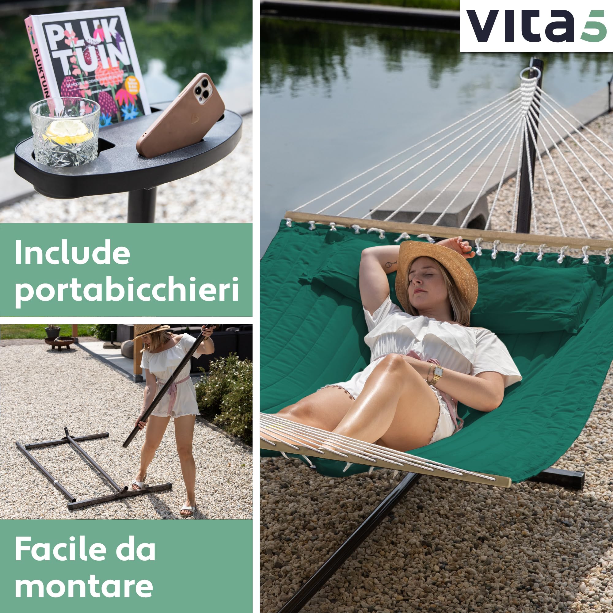 VITA5 Amaca con Struttura e Tavolino – Amaca da Giardino per 2 Persone con Supporto in Acciaio – Amache Doppia per Esterno, Balcone, Piscina – Portata 200kg – Telo Traspirante UV