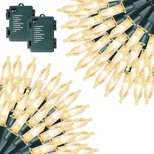 Joliyoou 2 paquetes de 50 luces LED de Navidad de color blanco cálido, 16 pies, funciona con pilas, guirnaldas de luces de hadas navideñas con 8