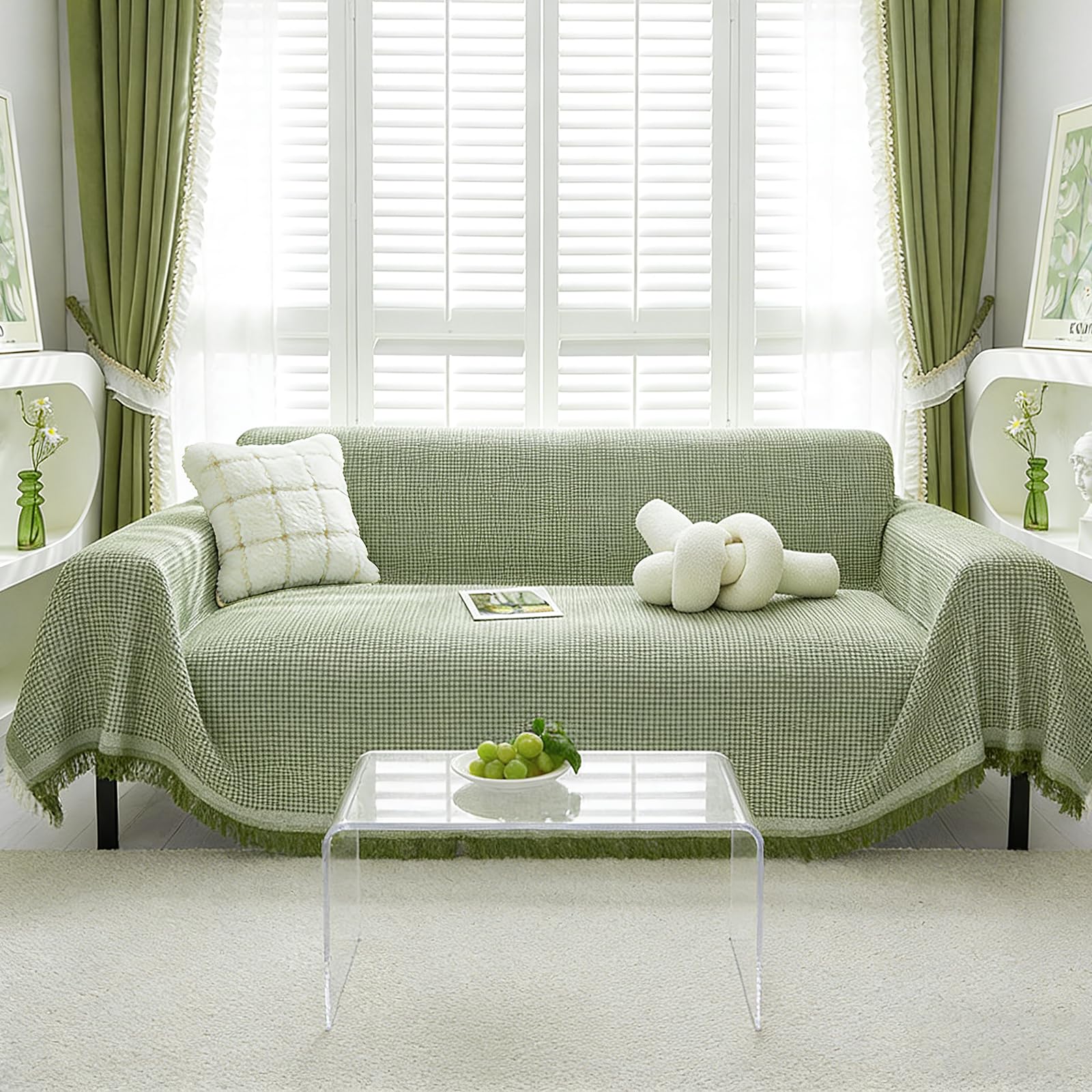 Minicoco Sofa Cover 2 3 Seater Sofa Covers with Tassel Cotton Blend Waffle Slipcover Reversible Washable Couch Cover for Dogs Furniture Protector Soft Washable Breathable Table Cover Green 180x300cm