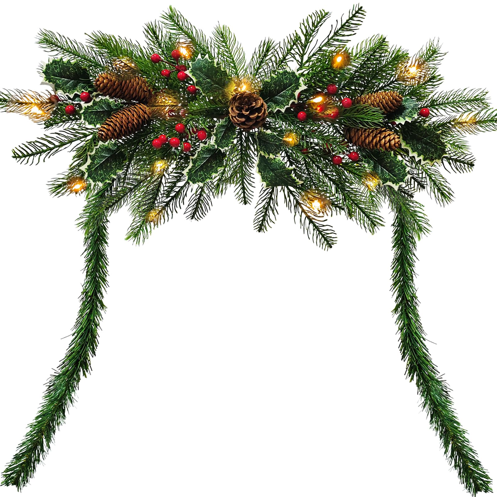 Christmas Swags for Decorating Outdoor, 4.4FT Christmas Mailbox Swag Garland with Lights, Green Artificial Christmas Decorations with leaves Pine Cones Red Berries for Holiday Indoor Window Home Decor