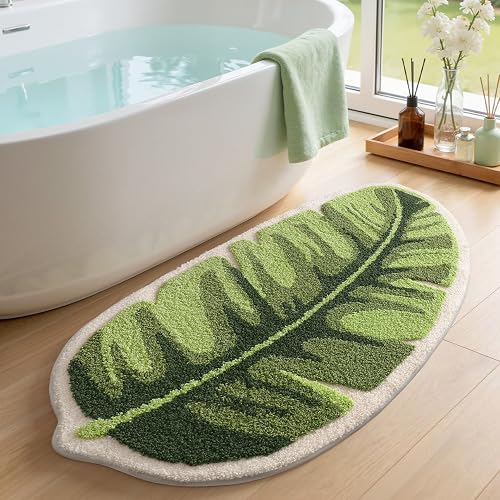 LUMI Cute Bathroom Rug Green Leaf, Absorbent Non Slip Bath Mat, 24'x48' | Palm Leaf Plant, Soft Plush Microfiber, Quick