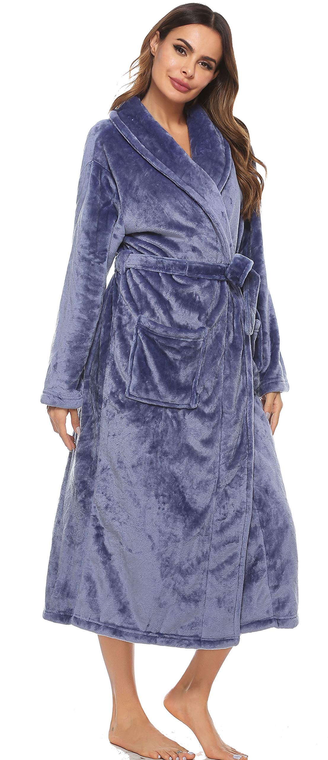 Vlazom Ropa de Casa Mujer Invierno Polar, Largo Albornoz de Felpa para Señora, Abrigo de Estar por Casa con Cinturón S-XL