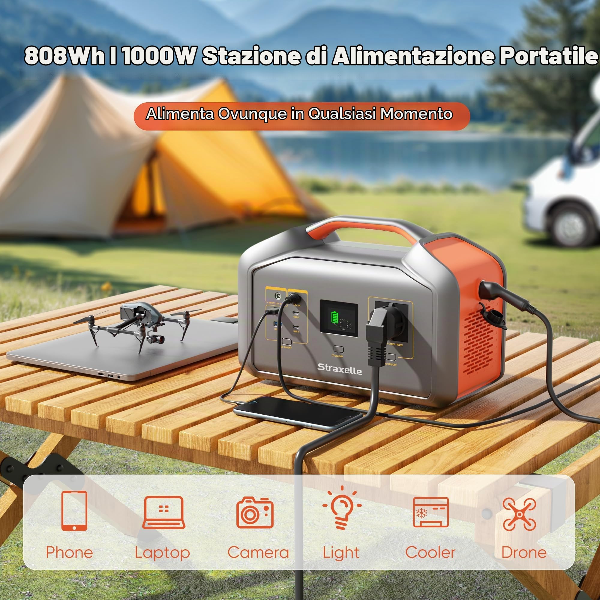 Centrale elettrica portatile 1000 W (picco 2000 W), 808.08 Wh MPPT Generatore solare Batteria 150 W Centrale elettrica portatile da campeggio per feste Generatore elettrico di emergenza