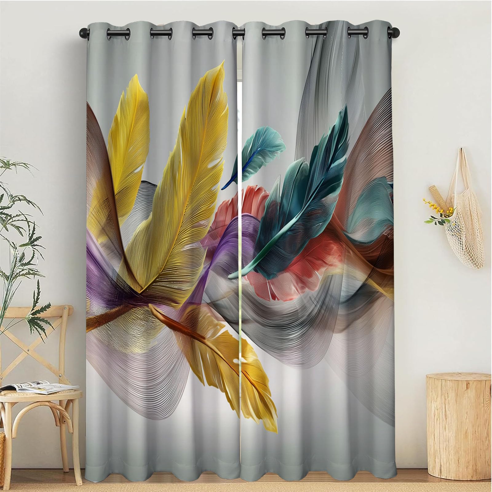 Rideau occultant isolant thermique coloré à motif plumes pour salon, 140x225 cm
