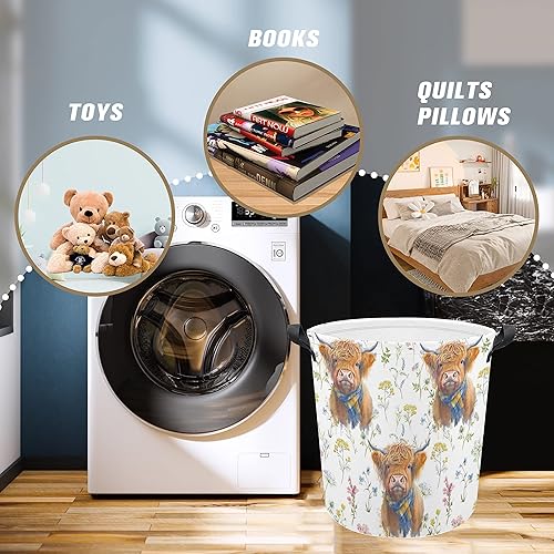 Miniatura 4 de Highland Cow - Cesta plegable de tela Oxford con diseño de flores, divertida bolsa de lavandería, organizador de cubo de almacenamiento de ropa,