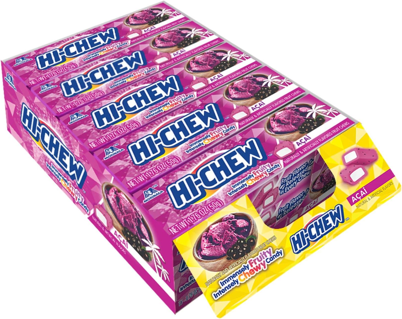 Acai Sticks, 15-Pack, Unique Fun Soft & Chewy Taffy Candy, 1.76oz Each - Made with Immensely Juicy Fruity Flavors
