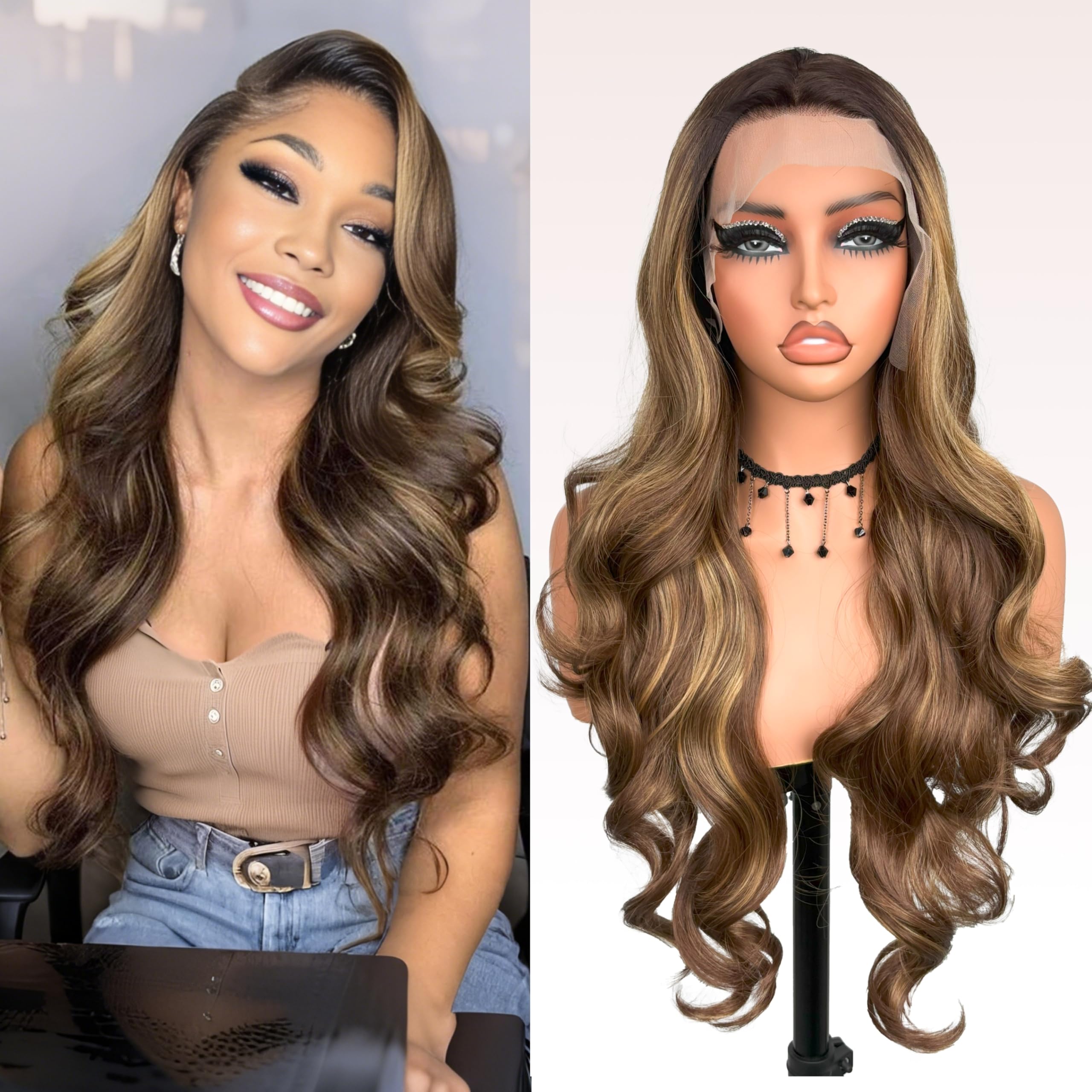 Honey Brown Body Wave Synthetic Wig 26 Inch Lace Front Ombre Brown balayage Wig Pre Plucked Pre Cut 13 * 4 HD Lace Heat Resistant Synthetic Highlights