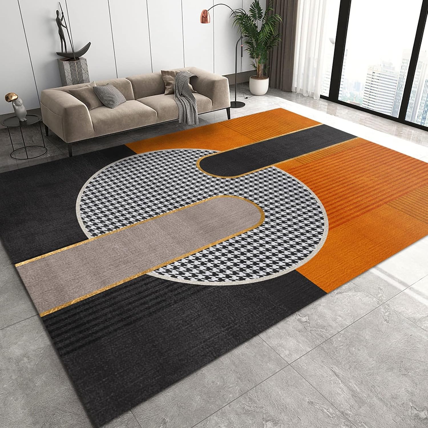 Medieval Minimalist Geometric Colors Area Rug, Luxury Elegant Black Orange Intersection Art Living Room Rugs, Machine Washable Breathable Durable Carpet for Front Entrance Floor Decor,2 x 3ft