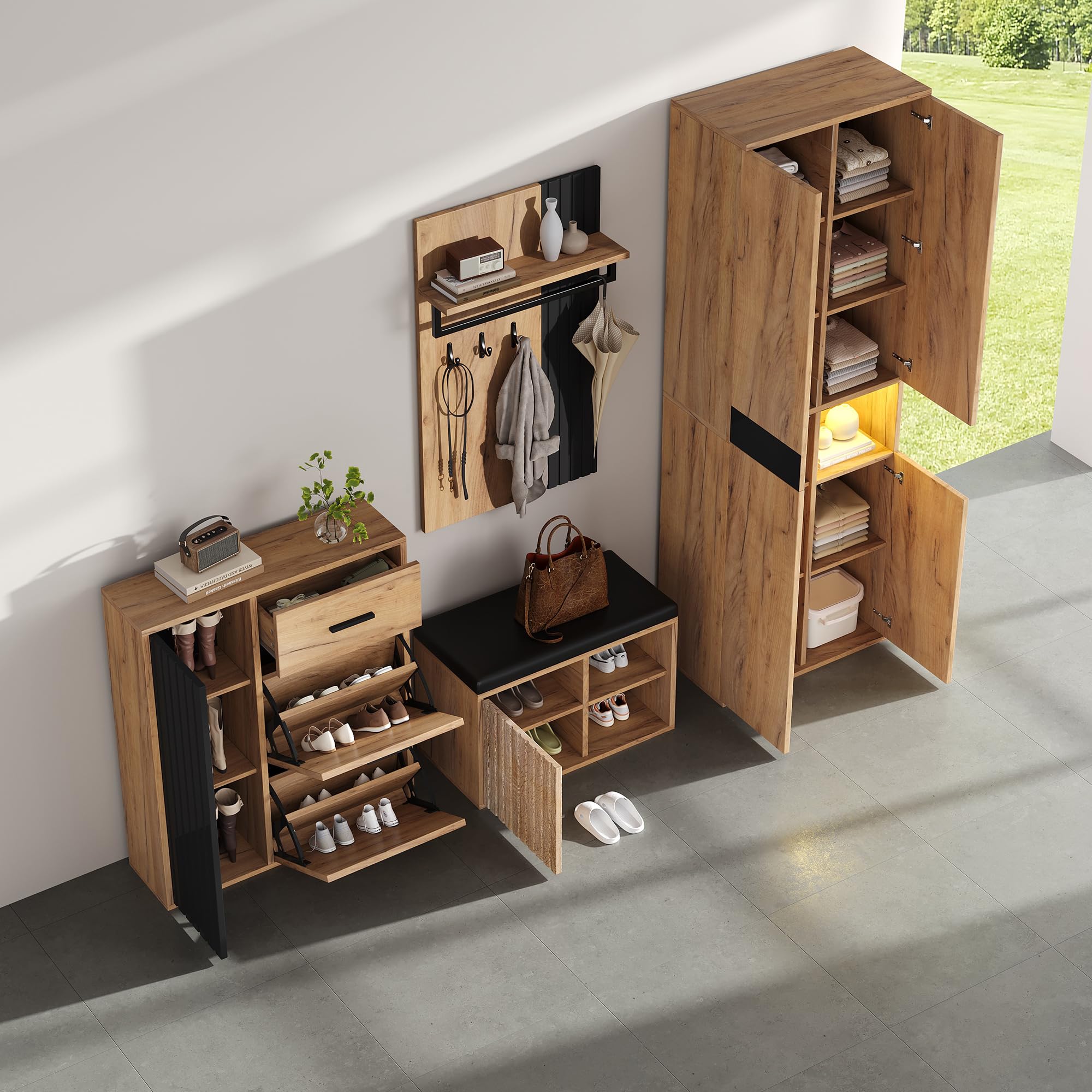 Juego de perchero de pared, 215 x 36 x 190 cm, 4 piezas con armario, zapatero, zapatero, madera natural y negro, juego de muebles de pasillo para entrada
