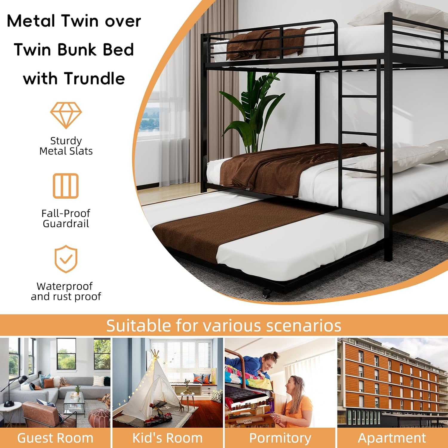 Bellemave Metal Bunk Bed with Trundle, Full Over Full Bunk Twin Trundle and Guardrail and Ladder for Kids/Teenagers, Adults, Black