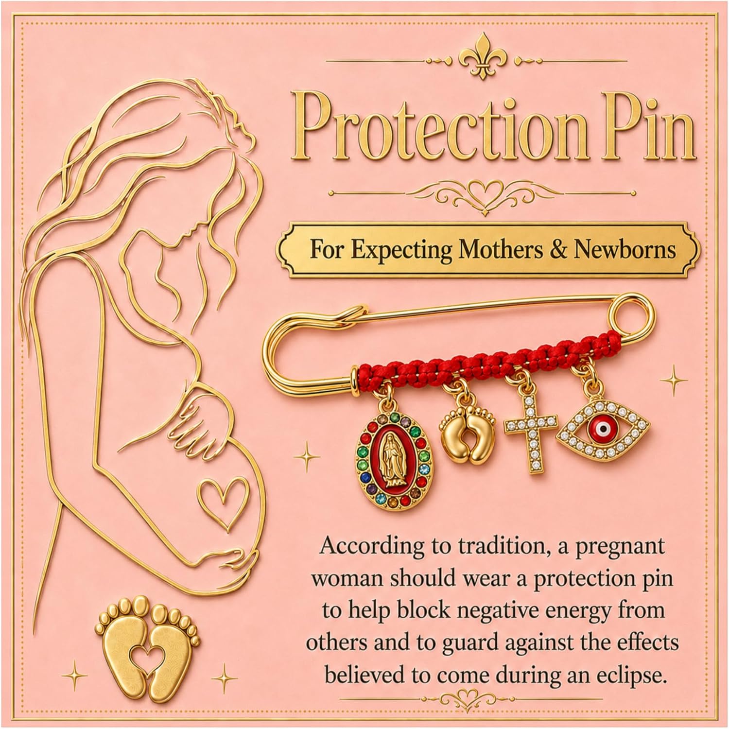 Pregnancy Protection Brooch for Women, Evil Eye Virgin Mary Cross Footprint Red String Maternity Safety Pin Expecting Mother Baby Shower Religious Good Luck Gift