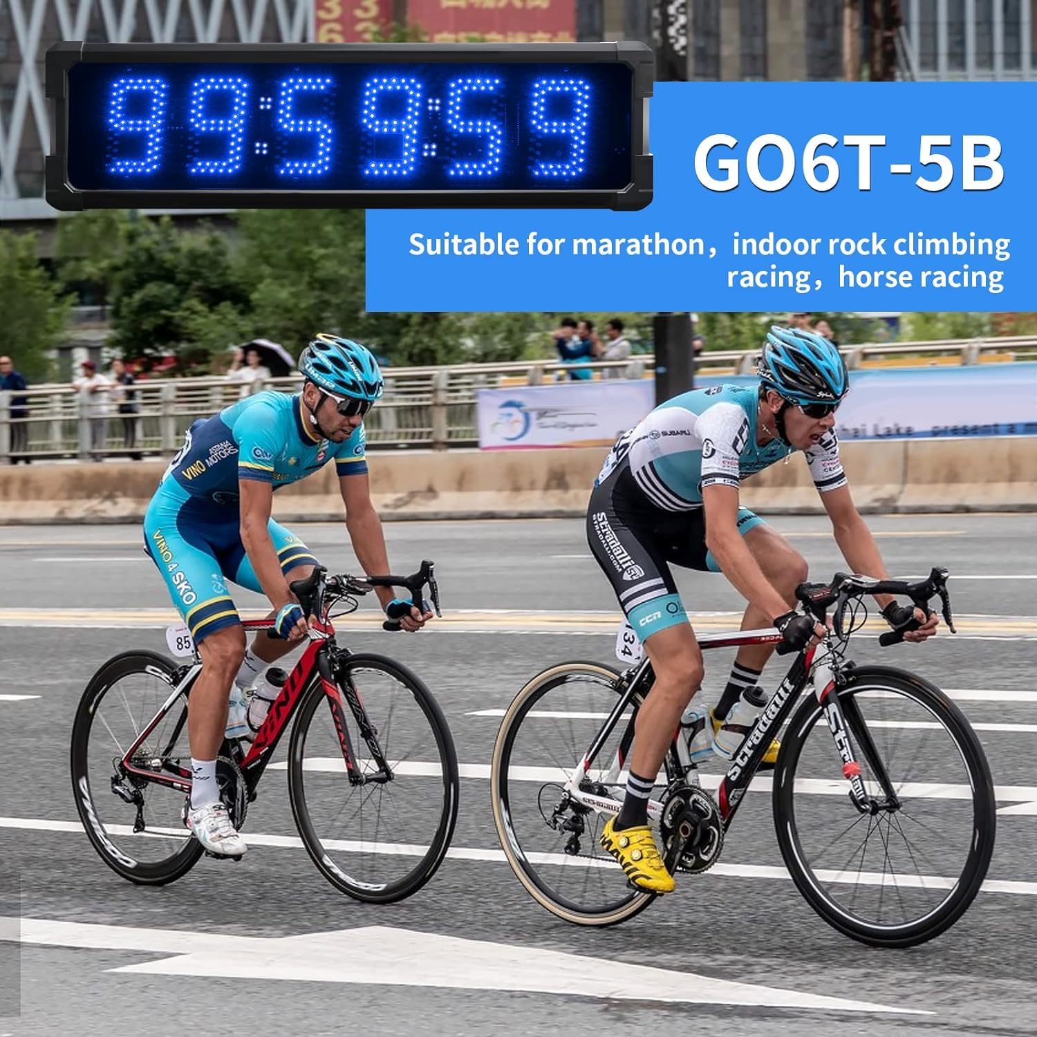 GANXIN Outdoor Waterpoof LED Race Timing Clock Marathon Race Timer with Horn, 5 Inch 6-Digit Coundown Clock with Tripod Stand, Down/Count Up,Stopwatch with Remote Control (Blue+Horn)