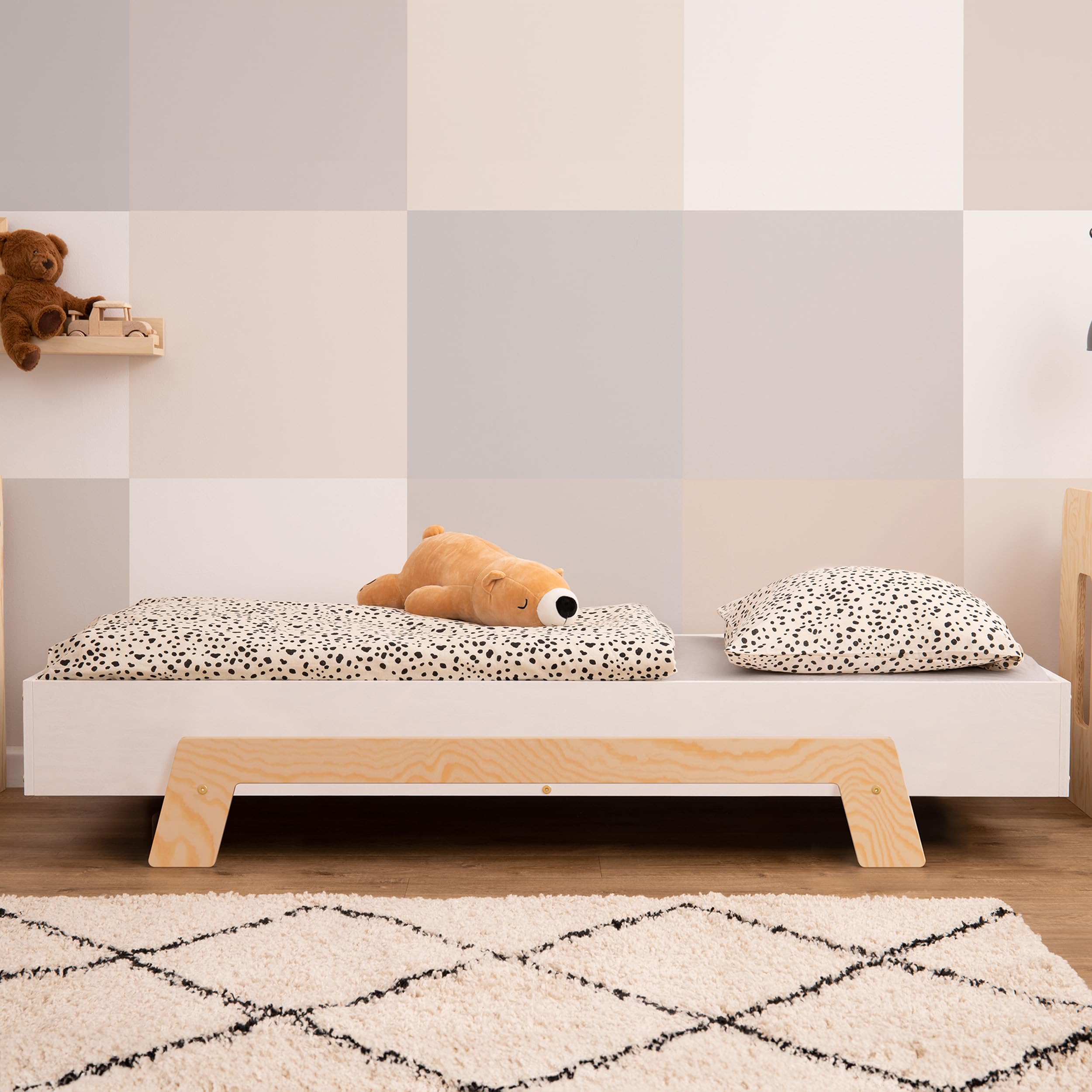 Lit Enfant Simple Puzzle 80x180cm Blanc - Sommier Lattes Bois, Style Montessori