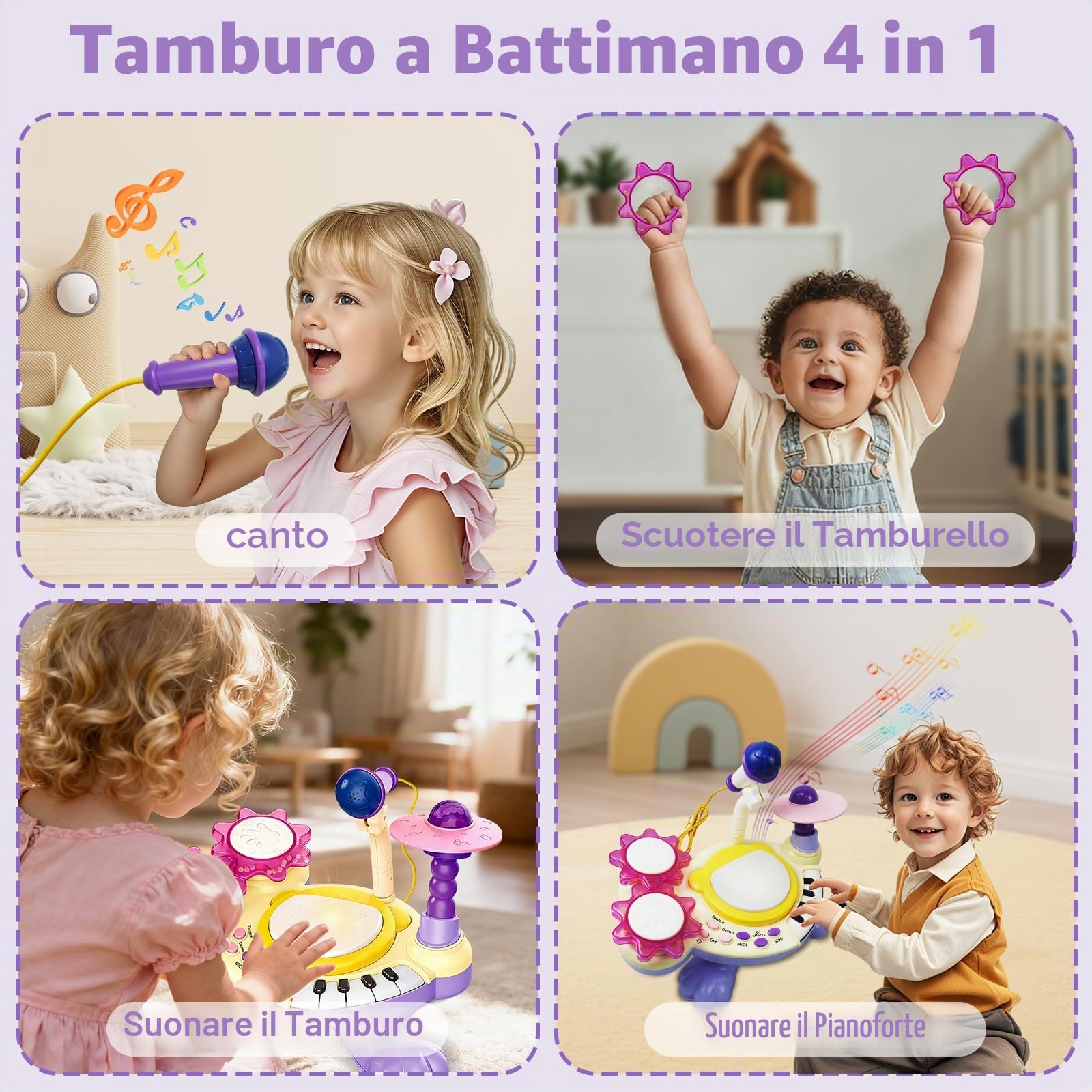 Batteria Bambini 3 Anni, Tamburo con Battito di Mani con Musica, Luci, Microfono e Tasti di Pianoforte, Educazione Precoce Batteria Strumenti Musicali Bambini Giocattolo Natale Regalo (Viola)