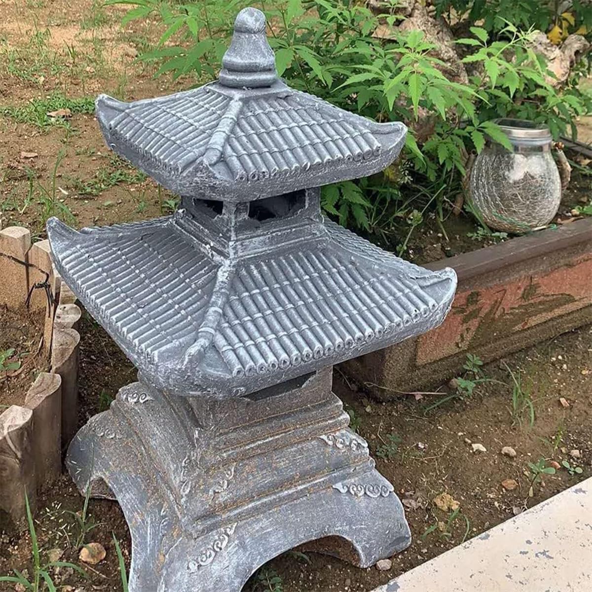 Outdoor Zen Garden Lantern - 2 Tier Pagoda Garden Statue, Stone Lantern, Japanese Style for Zen Lawn Garden Decoration and Christmas Ornament (Dark Gray)