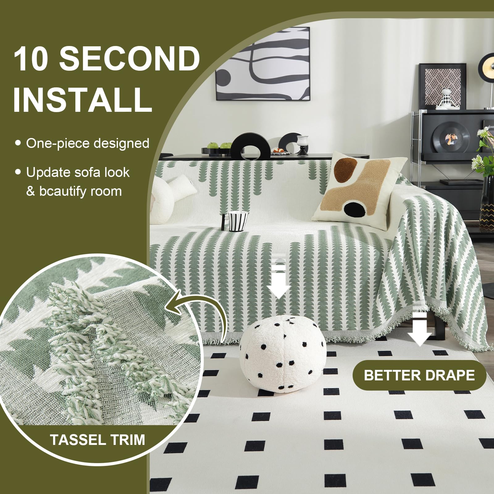 Housse De Canapé d'angle, Chenille Couverture Canape 3 Places Réversible Jete De Canape Couvre Lit Plaid Protection Canape Chat Anti Griffe (Art - Sege Green, 300 * 180cm)