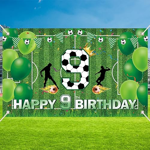 Soccer Happy 9th Birthday Banner Large Sport Themed Birthday Banner for Boys Kids Teens Sports Themed Party Decoration Supplies
